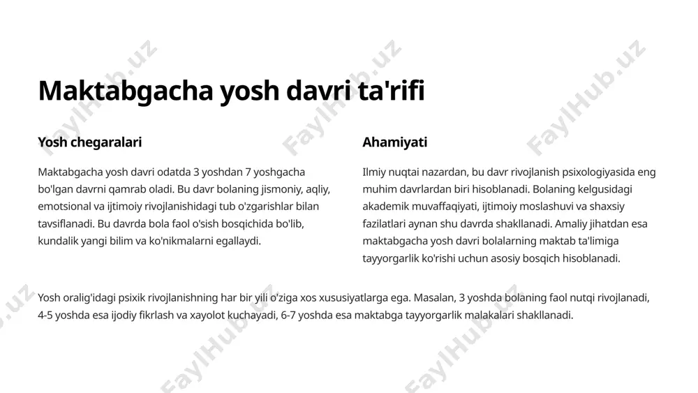 g bir bosqichdan ikkinchisiga o'tishida muhim rol o'ynaydi. 3 asosiy rivojlanish nazariyalari piaget: kognitiv rivojlanish jan piaje nazariyasiga ko'ra, maktabgacha yoshdagi bolalar "operatsiyadan oldingi" bosqichda bo'ladilar. bu bosqichda bolalar ramziy fikrlashni rivojlantiradi, lekin mantiqiy fikrlash hali to'liq shakllanmagan bo'ladi. bolalar o'z nuqtai nazaridan dunyoni ko'radilar (egosentrizm). vygotsky: ijtimoiy-madaniy lev vigotskiy nazariyasiga ko'ra, bolalar ijtimoiy aloqalar orqali o'rganadilar. "yaqin rivojlanish zonasi" tushunchasi muhim bo'lib, bunda bolaning mustaqil bajara oladigan vazifasi bilan kattalar yordamida bajara oladigan vazifasi o'rtasidagi masofa nazarda tutiladi. frobel va montessori fridrix frobel o'yin orqali o'rganishni targ'ib qilgan, mariya montessori esa bolaning mustaqil o'rganishi va o'z-o'zini rivojlantirishiga urg'u bergan. ikkala yondashuvda ham bolaning tabiiy qiziqishlari va individual rivojlanish sur'atini hurmat qilish muhim o'rin tutadi. bu nazariyalarning har biri maktabgacha yoshdagi bolalarning rivojlanish xususiyatlarini tushunishda va ular uchun samarali ta'lim-tarbiya usullarini ishlab chiqishda muhim ahamiyatga ega. o'zbekistonda zamonaviy maktabgacha ta'lim tizimi bu nazariyalarning eng yaxshi jihatlarini o'zida mujassam etgan. 4 …