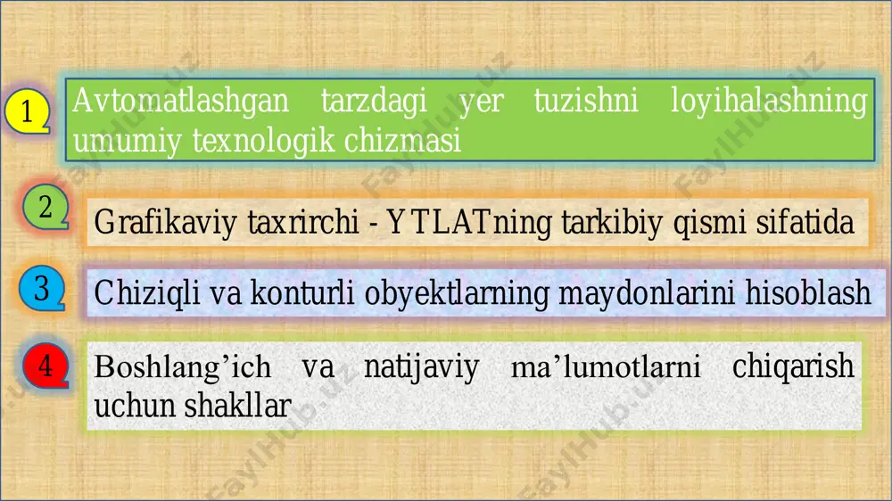 andart ma’lumotlarga bo’lgan so’rovlariga javoblarni tayyorlash. tizimga kiritilgan dasturiy modullar tarkibi yer tuzishning o’zaro bog’liq masalalarini kompleks yechishni ta’minlashi kerak. yechim quyidagi yo’nalishlar bo’yicha avtomatlashtirish vositalarini joriy etishdan iqtisodiy samara olishni taminlashi kerak: - namunaviy yechimlarni avtomatlash, bunda me’yoriy - axborot va boshlang’ich ma’lumotlarni kiritish va qayta ishlash bilan bog’liq ko’p mehnat talab qiladigan, bir marta o’tkazilgan ish keyinchalik o’xshash obyektlarda ko’p martalab foydalanilishi mumkin; qo’lda bajariladigan qayta ishlashlarni tugatish hisobiga mehnat resurslari sarfini qisqartirishni; qaror qabul qilishda loyihachining imkoniyatlari chegaralarini kengaytiruvchi zamonaviy usullar va texnik vositalardan, loyihalami ko’p variantlik qilib ishlashdan, kompleks iqtisodiy - matematik modellashtirishdan foydalanish hisobiga yer tuzishning loyihaviy yechimlari sifatini oshirishni; avtomatlashtirilgan tizimlar foydalanuvchilariga yer tuzish sohasida qo’yiladigan masalaviy talablami pasaytirishni (sababi, ularda turli tomonlama asoslangan matematik algoritmlar, yer tuzish masalalarini yechishning eng yangi usullari va texnologiyalari qo’llanilgan). dasturiy ta’minotning sifati - bu uning foydalanuvchilar talablarini qondiruvchi sifatlari to’plamidir: to'g'riligi, ishonchliligi, o’zgartirilishi mumkinligi, tejamkorligi, uni bir …