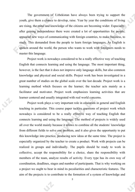 oom also helps reinforce social relationships among team members. project work enhances collaboration among learners, between learners and the teacher, as well as between learners and other community members as well. the aim of this paper is to point out the importance of project work in teaching english and clear out the how it influences on to pupils in the learning process. on the basis of studied sources we could say that the project work has the advantages as to highly motivate the pupils when they are involved into the process; all the four skills are integrated in it. the structure of course paper consists of introduction, the body and conclusion as well as reference containing the list of the literature used in the course of the research. 1. the methods and features of project work nowadays, there are a lot of various methods for teaching a foreign language. very …