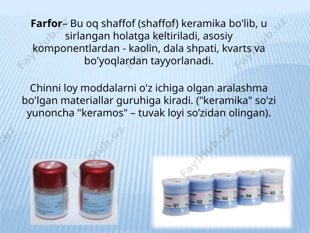 anda, texnologik ishlov berish qiyinligi; *qizish tempiraturasini pastligi. *tishlarning ulangan joyini mustaxkam emasligi. ko’priksimon protezlar olinmaydigan- ko’priksimon protezlar ko'priksimon suniy keramik tishlar uchun tayorlangan tayanch tishlar keramikada yasalgan qistirmalar zichlangan keramikadan yasalgan qistirmalar vinirlar - bu 04.-07 mm qalinlikdagi yupqa plastinka bo’lib, tishni tashqi qavatining buzulgan shakli va rangini tiklashda ishlatiladi stomatologik keramikalarni turlari tish keramikasining bir nechta tasnifi mavjud. *quyida ulardan ba'zilari keltirilgan. *mikro tuzilishi bo'yicha keramikaning tasnifi: *dala shpati keramika (shisha keramika) to'ldirilgan shisha keramika *to'ldirilgan oksidi keramika * oksidli keramika etiboringiz uchun raxmat image3.jpeg image4.png image5.jpeg image6.jpeg image7.jpeg image8.jpeg image9.png image10.jpeg image11.jpeg image12.jpeg image13.jpeg image14.png image15.png image16.jpeg image17.jpeg image18.png image19.png image20.png image21.png image22.png image23.jpeg image24.jpeg image25.png image26.png image27.jpeg image28.png /docprops/thumbnail.jpeg