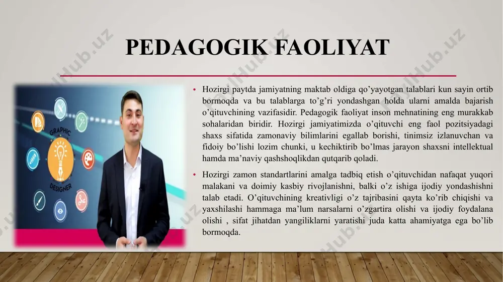 ativ bo’lishi yoki bo’lmasligi emas, balki darslarni ijodkorlik, kreativlik ruhida tashkil etish, yangi g’oyalarni ta’lim jarayonida sinab ko’rishga intilishi zarur. kreativ usulda o‘tilgan mavzuning tushunarliligi kreativ fikrlovchi insonlar biron bir manzarani o‘zgacharoq tasavvur etadi, hech kim ilg‘amagan jihatlarni payqay oladi. mana shunday kreativ tafakkurni rivojlantirish tashkil etilgan darsning qaysi metod va usullardan foydalanganlik darajasiga bog‘liq bo‘ladi. bunda esa interfaol usullar yaqindan yordan beradi. interfaol ta’lim turlaridan biri – kreativ ta’limdir. kreativ usulda o‘tilgan mavzuni o‘quvchi to‘liq o‘zlashtirishi bilan birga, ijodkorlik qobiliyatini ham rivojlantiradi. agar o‘quvchida she’r yozishga moyillik bo‘lsa, u ijodiy matnni she’r orqali ham ifodalash imkoniyatiga ega bo‘ladi. ko‘rib turganimizdek, bu kabi metodlar o‘quvchida tezkorlik, shu bilan birga, kreativ kompetensiyani shakllanishida ham muhim rol o‘ynaydi. agar bunday usullardan ko‘proq foydalanilsa, har qanday o‘quvchi darsga qiziqadi, shu bilan birga kreativ qobiliyatga ham ega bo‘ladi. e’tiboringiz uchun rahmat!!! image2.png image3.png image4.png image5.png image6.png image7.png image8.png image9.png image1.jpg /docprops/thumbnail.jpeg