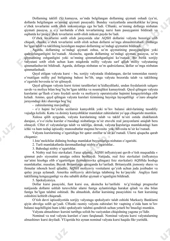 egishli darajada importni cheklash hisobiga ushlab turish mumkin. xususan import hajmi boj yoki import kvotalarini kiritish bilan qisqarishi mumkin. boshqa tomondan mamlakat hukumati eksport uchun milliy ishlab chiqaruvchilarga subsidiya berib, shu orqali xorijiy valyuta taklifini ko’paytirishi mumkin. bu tadbirlardan foydalanishda vujudga keladigan asosiy muammo shundan iboratki, u jahon savdosi hajmini qisqartiradi, uning tarkibini va savdo aloqalarini o’zgartirib yuboradi, iqtisodiy maqsadga muvofiqlikning buzilishiga hissasini qo’shadi. buning oqibatlarini hisobga olmaslik mumkin emas. 3. valyuta nazorati. boshqa muqobil variant valyuta nazorati hisoblanadi. valyuta nazorati sharoitida hukumat milliy eksportyorlar olgan barcha tegishli chet el valyutalarini davlatga sotish talabi bilan ularning yetishmasligi muammosini hal qilishi mumkin. keyin, hukumat o’z navbatida chet el valyutasining bu zahirasini turli milliy importyorlar o’rtasida taqsimlaydi. shu yo’l bilan hukumat milliy importni, milliy eksport hisobidan olingan chet el valyutasi miqdoriga cheklaydi. valyuta nazorati tizimi bir qator kamchiliklarga ega. birinchidan, savdo cheklashlari (boj, kvota, eksportga subsidiya) kabi valyuta nazorati nisbiy ustunlik tamoiliga …