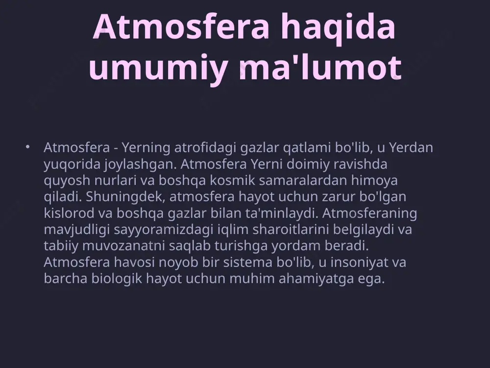 obgardir. ekzosfera esa atmosferaning eng yuqori qatlami bo'lib, burada sayyoralarga olib borish jarayonlari kuzatiladi. iqlim o'zgarishi va havoga ta'siri iqlim o'zgarishi atmosferaga ta'sir qilish jarayoni bo'lib, u ko'pincha inson faoliyati bilan bog'liqdir. iqlim o'zgarishi natijasida global harorat oshadi, bu esa vaqti-vaqti bilan kuchli yomg'irlar, qurg'oqchilik va boshqa ekstremal iqlim hodisalariga olib keladi. atmosfera havosi ham ushbu hodisalarning kuchayishiga sababchi bo'ladi, masalan, issiqxona gazlari nisbati oshganda, yer yuzasidagi harorat tezda o'zgaradi. buning to'g'ridan-to'g'ri ijtimoiy va iqtisodiy ta'sirlari bo'lishi mumkin. atmosferaning inson hayotidagi o'rni atmosfera inson hayoti uchun nihoyatda muhimdir, chunki u nafaqat hayotni ta'minlaydi, balki hayot tajribasini ham ta'sir qiladi. atmosferada mavjud kislorod suv bilan birga inson organizmidagi metabolik jarayonlar uchun zarurdir. atmosfera shuningdek, insoniyatning ijtimoiy, iqtisodiy va madaniy hayotini ham ta'sir qiladi. barcha jismoniy xatti-harakatlar atmosfera sharoitlariga bog'liq bo'lib, ular bizning sog'ligimizga va hayot sifatimizga bevosita aloqador. xulosa atmosfera havosi va uning tarkibi tabiiy fanlarda juda muhim mavzu hisoblanadi. atmosfera …