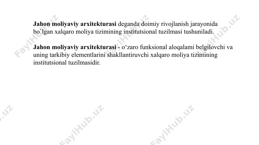 iyaviy inqirozlar. zamonaviy jahon moliyaviy arxitekturasi rivojlanishining yo`naiishlari: jahon moliyaviy tizimining barqarorligi, global moliyaviy inqirozlardan himoya qilish va ulaming rivojlanishining oldini olish. konvergensiya (yaqinlashish) va integratsiyalashuv jarayonida yuzaga keladigan global moliyaviy tizimning institutsional innovatsiyalarini soddalashtirish va himoyalash. xalqaro moliya institutlarining faoliyatini isloh qilish. hozirgi vaqtda jahon hamjamiyati xalqaro moliya tizimini global tartibga sollish jarayonini isloh etishning ikkita variantini tavsiya etmoqda global tartibga solish institutining tashkil etilishi; moliya bozorini tartibga solish bo‘yicha xalqaro institutlar faoliyatining global darajada muvofíqlashtirilishi. global tartibga solish instituti faoliyatini tashkil etishdagi asosiy muammolardan biri jahon mamlakatlari milliy moliya tizimining rivojlanish darajasidagi farqlanish hisoblanadi. shunday qilib, xalqaro moliya tashkilotlari o‘rtasidagi o‘zaro xalqaro hamkorlik aloqalarini rivojlantirish istiqbolli jarayon bo‘lib, ular laoliyatini o‘zaro muvofiqlashtirish va uyg‘unlashtirishda muhim o‘rin tutadi. image1.png /docprops/thumbnail.jpeg