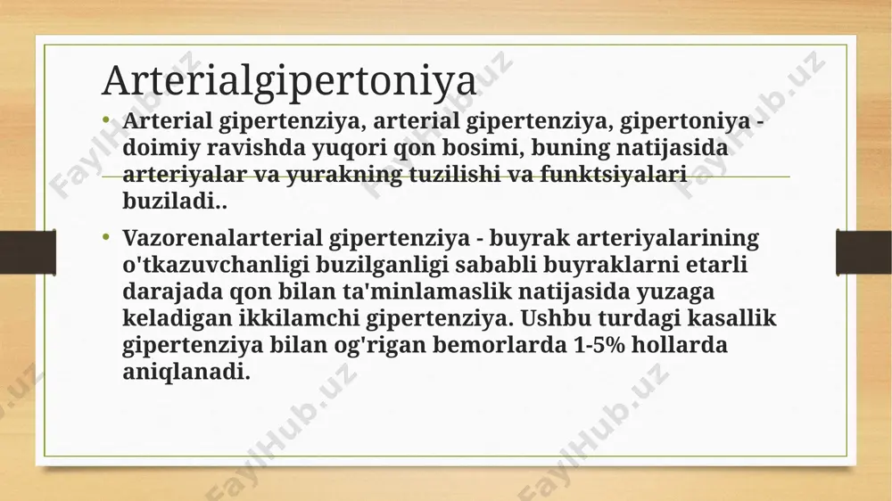 yuqlik hajmining oshishi bilan birga keladi. shu bilan birga, blokirovka qilishantihipertenzivmexanizm; konvertor fermenti kininaz-2lizil-bradikininharakatsiz fermaga. natijada periferik tomirlarning spazmi,gipernatremiya,gipervolemiyaarterial gipertenziyani keltirib chiqaradi. xususiyatlari natriygipertoniya rivojlanishida muhim rol o'ynaydi. ishlarning taxminan uchdan bir qismimuhimgipertoniya organizmda natriyning ko'payishi bilan bog'liq. bu natriyning tanadagi suvni ushlab turishi bilan bog'liq. qon oqimidagi ortiqcha suyuqlik qon bosimining oshishiga olib keladi. reninishlab chiqarilgan biologik faol moddadirjuxtaglomerulyarbuyrak apparati. uning ta'siri arteriyalarning ohangini oshirish bilan bog'liq bo'lib, bu qon bosimining oshishiga olib keladi.muhimgipertenziya yuqori yoki past renin bo'lishi mumkin. misol uchun, afro-amerikaliklarda renin darajasi pastmuhimgipertoniya, shuning uchun diuretiklar gipertenziyani davolashda samaraliroq. klinik rasm sistolik va doimiy o'sishdiastolikqon bosimi, dori qarshilik, maqsadli organlarning shikastlanishining tez rivojlanishi bilan kasallikning xavfli kursi va unga bog'liqasoratlar. tarqoqterapiya (aspirin 125 mg /kun,dipiridamol75-150 mg/kun,pentoksifilin600-800 mg/kun); ace inhibitörleri varetseptorlari antagonistlariangiotensinii(irbesartan,losartanva boshq.). ikki tomonlama buyrak arteriyasi stenozi bilan nisbatan kontrendikedir (faqat minimal dozalardan boshlab, buyraklarning filtrlash funktsiyasi nazorati ostida belgilanishi mumkin); diuretiklar (gipotiazid, furosemid) - kombinatsiyalangan …