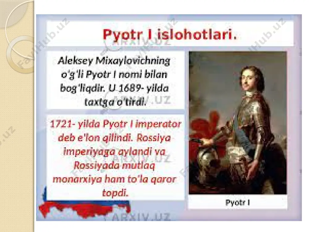 qilindi. rossiya imperator lar pyotr i (1721 — 1725) katerina i (1725 — 1727) pyotr ii (1727 — 1730) anna ioannovna (1730 — 1740) ernst yohan von biron (17-oktabr, 1740 — 9-noyabr, 1740). anna leopoldovna (9-noyabr, 1740 — 25-noyabr, 1741) ivan vi (17-oktabr, 1740 — 25-noyabr, 1741) yelizaveta i (1741 — 1762) pyotr iii (1762) yekaterina ii (1762 — 1796) pavel i (1796 — 1801) aleksandr i (1801 — 1825) konstantin pavlovich (27-noyabr, 1825 — 25-dekabr, 1825). nikolay i (1825 — 1855) aleksandr ii (1855 — 1881) aleksandr iii (1881 — 1894) nikolay ii (1894 — 1917) grand duke michael alexandrovich (15-mart — 16-mart, 1917). e`tiboringiz uchun rahmat image2.jpeg image3.jpeg image4.jpeg image5.jpeg image6.jpeg image7.jpeg image8.jpeg /docprops/thumbnail.jpeg