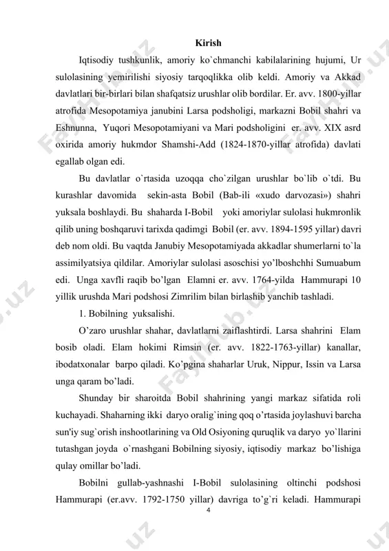 bostirib kiradi. hammurapi qonunlari, bobilning ijtimoiy-iqtisodiy va siyosiy hayoti. amoriylar davrida bobilning iqtisodiyoti, ijtimoiy-siyosiy tuzumi, hammurapining qonunlar to`plami, uning noib va amaldorlar bilan yozishmalari, xususiy hujjatlar orqali ma'lum. qonunlar to`plamining tuzilishi hammurapining jiddiy siyosiy tadbiri edi, chunki bu to`plam bobilnng ijtimoiy-iqtisodiy barqarorligini ta'minlashga qaratilgan edi. qonunlar to`plami kirish, qonunlar va xulosani tashkil qilgan uch qismdan iborat edi. hammurapi davrida bobil iqtisodiyoti sun'iy sug`orishga asoslangan dehqonchilik, bog`dorchilik, chorvachilik, hunarmandchilik, ichki va tashqi savdodan iborat bo`lgan. qadimgi bobilda bu davrda ekin yerlari ko`payadi, bog`dorchilikda xurmo yetishtirish gullab-yashnaydi, g`alla ekinlaridan, moyli o`simliklardan yuqori hosil olinadi. bunday yutuqlar faqat sun'iy sug`orish tizimini butun mamlakat miqyosida kengaytirish asosida amalga oshiriladi. maxsus amaldorlar katta-kichik kanallarni ko`rish va ta'minlashni nazorat qilib turganlar. mari arxivi hujjatlariga ko`ra aholining barcha mehnatga qobiliyatli qismi erkin kishilardan tortib qullargacha sug`orish inshootlarini ko`rish va ta'minlash majburiyatini o’tagan, undan bosh tortganlarga o`lim jazosigacha berilgan. hammurapi qonunlarida maxsus to’rt modda dehqon jamoasining o’z yerida, …