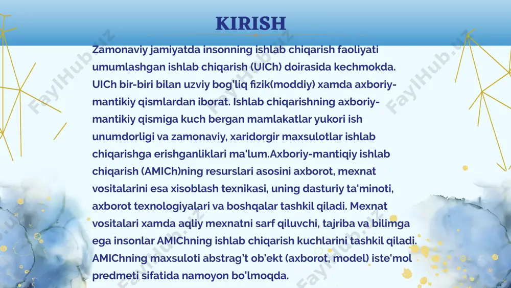 qichlarida ham mavjud bo’lgan bo'lsa-da, xozirgi zamon axborotlashgan jamiyatining o'ziga xos xususiyati shundaki, sivilizatsiya tarixida birinchi marta bilimlarga erishish va ishlab chiqarishga sarflanadigan kuch energiya, xomashyo, materiallar va moddiy iste’mol buyumlariga sarflanadigan xarajatlardan ustunlik qilmoqda, ya’ni axborot texnologiyalari mavjud yangi texnologiyalar orasida yetakchi o'rinni egallamoqda. axborot texnologiyasi asosiy texnik vositalari sifatida hisoblash- tashkiliy texnikadan tashqari aloqa vositalari – telefon, teletayp, telefaks va boshqalar qo’llaniladi. axborot texnologiyasi insoniyat taraqqiyotining turli bosqichlarida ham mavjud bo’lgan bo'lsa-da, xozirgi zamon axborotlashgan jamiyatining o'ziga xos xususiyati shundaki, sivilizatsiya tarixida birinchi marta bilimlarga erishish va ishlab chiqarishga sarflanadigan kuch energiya, xomashyo, materiallar va moddiy iste’mol buyumlariga sarflanadigan xarajatlardan ustunlik qilmoqda, ya’ni axborot texnologiyalari mavjud yangi texnologiyalar orasida yetakchi o'rinni egallamoqda. jamiyatni axborotlashtirish, yangi axborot texnalogiyalari bilan ta’minlash insonlarning turli – tuman ma’lumotlarga bo’lgan yehtiyojini qondirishda muxim o’rin tutadi. inson axborot olami ichra yasharkan , voqeya xodisalar jarayonlarning bir – biriga aloqadorligini, o’zaro munosabatlari va moxiyatni tashkil …