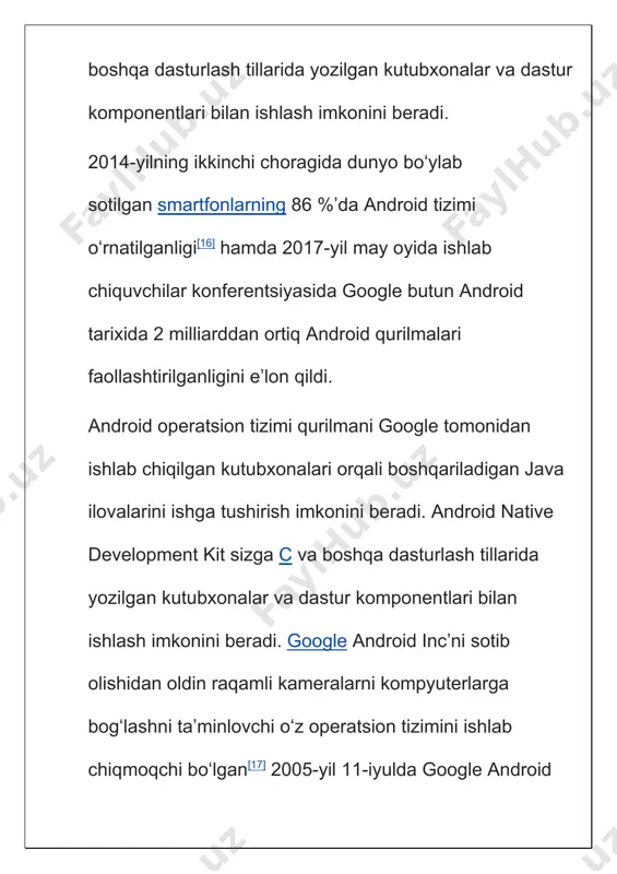 r birinchi boʻlib yangi versiyalarda chiqdi. smartfonlar va planshetlardan tashqari android at boshqa moslamalarga ham oʻrnatiladi. masalan, 2009-yilda sotuvga androidda ishlovchi fotoramka sotuvga chiqdi. 2011-yilda blue sky kompaniyasi android ot ostidagi „aqlli“ iwatch soatlarini chiqardi. 2012-yil avgustda nikon dunyodagi birinchi androidda ishlovchi fotokamerani namoyish etdi. „google nexus“ seriyasida smartfon va planshetlardan tashqari android ostidagi „nexus q“ mediapleyeri mavjud. shu bilan birga android rusumidagi televizorlar ham mavjuddir. 2012-yil oktabrda google boshqaruvchi direktori larri peyj android ostidagi moslamalar soni 500 mln.dan ortgani va har kuni 1,3 mln.ga koʻpayotgani haqida habar berdi. 2008-yil 22-oktabrda google android ot dasturlarining onlayn doʻkoni — android market ochilishi haqida eʼlon qildi. kelishivga koʻra yaratuvchilar foydaning 70 %, operatorlar esa qolgan 30 % olishadi. 2009-yil fevralda aqsh va buyuk britaniya yaratuvchilarida android marketdagi oʻz dasturlari uchun pul olish imkoniyati paydo boʻldi. sony ericsson kompaniyasi dasturlarning onlayn doʻkoni android marketda shaxsiy kanalini ishga tushirdi. u kanalda kompaniya tomonidan tavsiya …