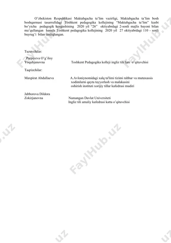 h, dam olish kabi tanish mavzulardagi adabiy tildagi ravon nutqini tushunish -o’z sohasiga aloqador tanish mavzularda o’ziga ishonch bilan muloqotga kirisha olish -fikralmashishi, ma’lumotni tekshirishi yoki tasdiqlashi, odatdan tashqari mavzularda so’zlasha olish -madaniyat, kino, kitoblar haqida; sayohat qilishga o’xshash holatlarda so’z boyligining ko’p qismini ishlata olishi; tanish mavzularda tayyorgarliksiz so’zlashishi, fikr bildira olish -o’yinlar tashkil qila olish -o’zi qiziqqan mavzudagi matnlarni bemalol tushuna olishi, o’z kasbi, yoshi,qiziqishini qamrab olgan matnlar bilan ishlay olish -25-250 so’zdan iborat kasbiga oid matnlar tuza olish oquv rejaga muvofiq o’zaro bog’liq bo’lgan fan nomi rus tili, o’zbek tili o’qitish tashkiliy shakli n-nazariy ta’lim a-amaliy ta’lim na- nazariy va amaliy ta’lim birgalikda tashkil etiladi mx- maxsus honada o’tkaziladigan mashg’ulot. dasturga qo’yilgan talab majburiy o’qitish tili guruhda belgilangan o’qitish tili asosida baholash tartibi joriy baholash tartibiga asoslanib o’quvchilarning bilim va ko’nikmalarini baholash yozma, og’zaki, savol-javob,test, amaliy, nazariy, mustaqil topshiriq 2. o’quv dasturi mazmuni № mavzular nomi mavzuning …