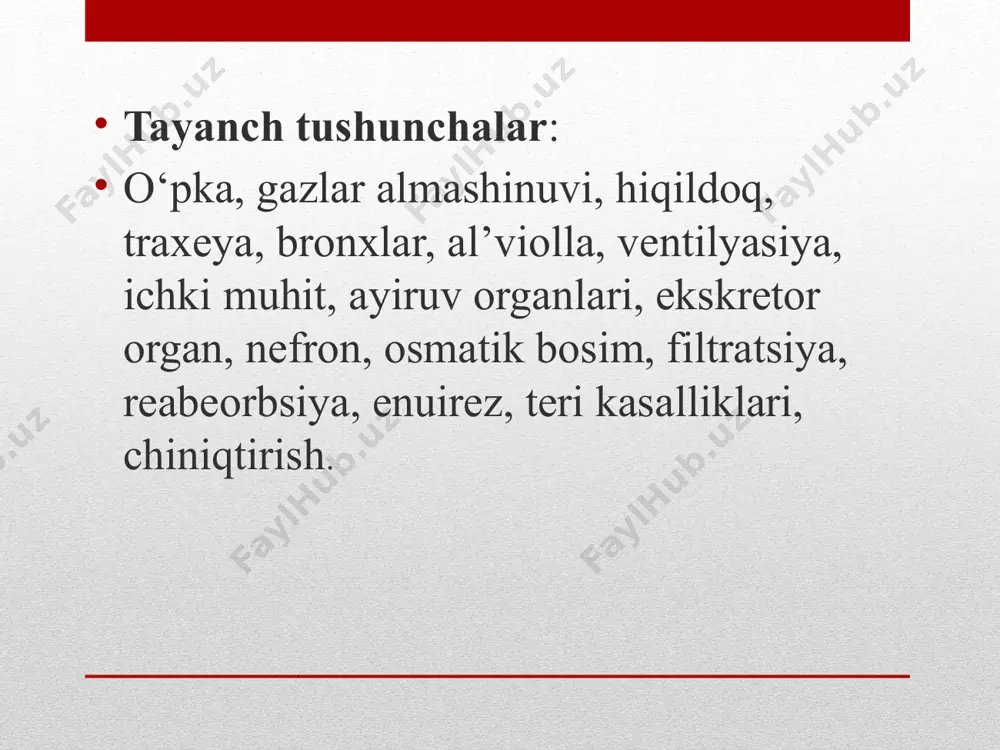 fa tomirlari o‘zaro qo‘shilib, o‘pka ildizi (radix pulmonis) ni hosil qiladi.o‘ng o‘pka va chuqur egatchalar (fissura interlobares) yordamida uch bo‘lakka (yuqori, o‘rta va pastki), chap o‘pka esa ikki bo‘lakka (yuqori va pastki) bo‘lingan. ulardan biri yuqorida joylashgan qiyshiq egat (fissura obliqua) bo‘lib, ikkala o‘pkada ham o‘pka uchlaridan 6-7 sm pastroqda boshlanadi va o‘pkaning diafragma yuzasiga qarab qiyshiq yo‘naladi. natijada o‘pkalar ikki bo‘lakka bo‘linadi. bu egatdan tashqari o‘ng o‘pka taxminan iv qovurg‘ada joylashgan ikkinchi gorizontal egat (fissura horizontalis) bilan yana bir bo‘lakka bo‘linadi. sog‘lom organism - bu kishi organizmning shunday holatini, ya’ni uning barcha organlari va tizimlari tashqi muhitning o‘zgarishlariga yaxshi moslasha oladigan, o’zida xech qanday o‘zgarish sezmaydigan, normal aqliy va jismoniy ish bajaradigan, hech qanday kasallik belgilarini sezmaydigan organizmdir. sog‘lom organizmning xarakterli belgilari shundaki, u tashqi muhit sharoitlarining har qanday murakkab o‘zgarishlariga tez moslashishlari bilan birgalikda, ma’lum jismoniy mehnat qobilyatlarini yo’qotmaydilar. shunga qaramasdan barcha bolalarning va o‘smirlarning gavda tuzilishi, jismoniy …