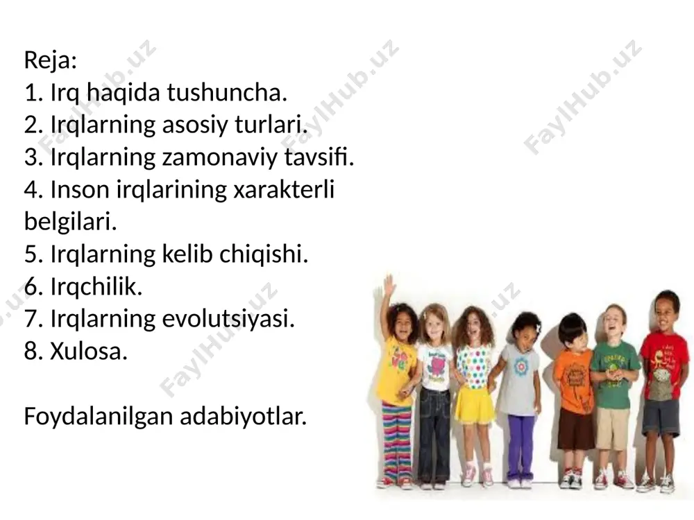 agi ko'rsatkichlar bo'yicha taqsimlangan: osiyo aholisi - 57%; yevropaliklar (rossiyasiz) - 21%; amerikaliklar - 14%; afrikaliklar - 8%; avstraliyaliklar - 0,3%. antarktidada aholi yo'q. 20-asrgacha dunyoda irqlar soni 4 ta bo'lgan. katta guruhlar insoniyat vakillarini birlashtirdi, ayni paytda tashqi ko'rinishdagi farqlar ko'pincha xalqlar o'rtasida nizolar kelib chiqishiga sabab bo'ldi. aholi punktlarini hisobga olgan holda er yuzidagi asosiy irqlar jadvalda keltirilgan: irqlarning zamonaviy tavsifi 20-asrdan keyin 3 irqiy turni o'z ichiga olgan quyidagi tasnif keng tarqaldi. bu hodisa negroid va avstraloid guruhlarning aralash irqlarga birlashishi bilan bog'liq. zamonaviy irq navlari: 1. katta (yevropa, osiyo va negroid aralashmasi, ekvator irqi - avstralo-negroid); 2. kichik ( turli xil turlari, boshqa irqlardan tashkil topgan). irqiy bo'linish 2 ta magistralni o'z ichiga oladi: g'arbiy va sharqiy. kavkazliklar; negroidlar; kapoidlar. sharqiy poyaga amerikaoidlar, avstraloidlar va mongoloidlar kiradi. antropologik xususiyatlarga ko'ra, hindular amerikanoid irqiga mansub. turli xil xususiyatlarga ko'ra ajratishning umumiy qabul qilingan tasnifi mavjud emas, bu …