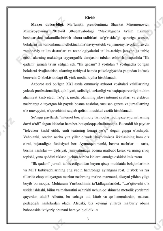 a. bu xuddi bir paytlar “televizor kashf etildi, endi teatrning keragi yoʻq” degan gapga oʻxshaydi. vaholanki, oradan necha yuz yillar oʻtsada, hayotimizda ikkalasining ham oʻz oʻrni, bajaradigan funksiyasi bor. aytmoqchimanki, bosma nashrlar — tarix, bosma nashrlar — qadriyat, jamiyatimizga bosma matbuot kerak va uning rivoj topishi, yana qaddini tiklashi uchun barcha ishlarni amalga oshirishimiz zarur. “ilk qadam” jurnali taʼsis etilganidan buyon qisqa muddatda bolajonlarimiz va mtt tarbiyachilarining eng yaqin hamrohiga aylangani rost. oʻzbek va rus tillarida chop etilayotgan mazkur nashrning maʼno-mazmuni, dizayni yildan yilga boyib bormoqda. muhtaram yurtboshimiz taʼkidlaganlaridek, “...oʻqituvchi oʻz ustida ishlashi, bilim va mahoratini oshirishi uchun qoʻshimcha metodik yordamni qayerdan oladi? albatta, bu sohaga oid kitob va qoʻllanmalardan, maxsus pedagogik nashrlardan oladi. afsuski, biz keyingi yillarda majburiy obuna bahonasida ixtiyoriy obunani ham yoʻq qildik...» endilikda davlatimiz rahbarining joriy yil 27-iyunda “ommaviy axborot vositalarini qoʻllab-quvvatlash va jurnalistika sohasini rivojlantirish chora-tadbirlari toʻgʻrisida”gi qarori bilan byudjet tashkilotlariga ulardagi “kutubxona fondi” xarajat …
