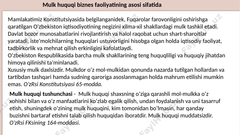haxsiy mulk tushunchasi mavjud bo’lib, bu mulkdan shaxslar o’zlarining shaxsiy va madaniy ehtyojlarini ta’minlash uchungina foydalanar edilar. xususiy mulk bozor munosabatlarining asosiy iqtisodiy manbaidir. xususiy mulkning joriy qilinishi bilan fuqarolarning huquq layoqati doirasi kengaydi. endi fuqarolar xususiy mulk asosida turli tadbirkorlik faoliyatini amalga oshirishga va ishlab chiqarish jarayonida faqat o’z mehnati emas, balki yollanma mehnatni jalb qilish va uning uchun kerak bo’lgan qurol-vositaga ega bo’lish, ularni ijaraga berish yo’li bilan qo’shimcha daromadlar olish kabi huquqlardan foydalanishlari mumkin. ommaviy mulk - davlatga tegishli mulkdan iborat bo’lib, u ikki xil ko’rinishda, ya’ni o’zrsi mulki va munitsipal mulkdan tashkil topadi. mulk huquqi biznes faoliyatining asosi sifatida xususiy mulkning sub’yektlari: - fuqarolar - xo‘jalik shirkatlari va jamiyatlari - kooperativlar - jamoat birlashmalari - ijtimoiy fondlar - davlatga qarashli bo‘lmagan boshqa yuridik shaxslar o’zrsi fk 208-modda mulk huquqi biznes faoliyatining asosi sifatida xususiy mulkning ob’yektlari: qonun bilan man etilgan ayrim ashyolardan tashqari har qanday mol-mulk …