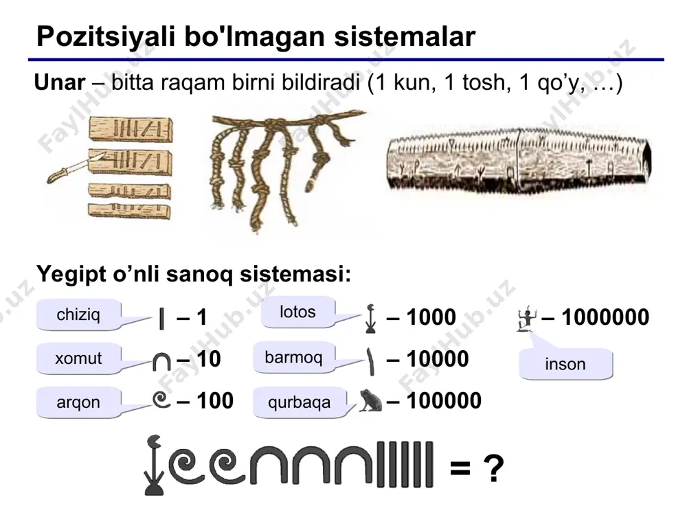 mallar qo‘shish ayirish 0+0=0 0+1=1 1+0=1 1+1=102 1 + 1 + 1 = 112 0-0=0 1-1=0 1-0=1 102-1=1 1 0 1 1 02 + 1 1 1 0 1 12 1 0 1 0 0 0 12 1 0 0 0 1 0 12 – 1 1 0 1 12 0 1 0 1 0 1 02 0 1 1 102 0 102 ko’paytirish 1 0 1 0 12  1 0 12 1 0 1 0 12 + 1 0 1 0 12 1 1 0 1 0 0 12 bo’lish 1 0 1 0 12 – 1 1 12 1 1 12 1 1 12 – 1 1 12 0 1 12 * ikkilik-o’nlik sistema bcd = binary coded decimals (o’nlik raqamlar ikkilik kodda 9024,19 = 1001 0000 0010 0100, 0001 1001bcd 9 0 2 4 , 1 9 1 0101 0011, 0111 1bcd = 0001 0101 0011, …
