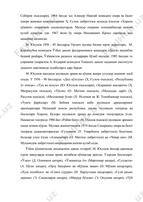 в йиллар давомида турли мавзуларда юздан ортиқ жозибали қўшиқлар яратди. улардан баъзилари: «ўлка» (д. олимжон шеъри), «ўлкамизда ёз» (миртемир шеъри), «гулдаста» (а. пўлат шеъри), «орзу баҳорим» ва «қўшиқ завқи» (п. мўмин шеърлари), «хуш келибсиз» ва «севги сурури» (н. нарзуллаев шеърлари), «гули раъно дерман» (э. самандаров шеъри), «мағрур бўлсак» (э. охунова шеъри), «тўй алёри» (з. обидов шеъри), «ёшлигим — қуёшлигим» (м. карим шеъри) ва бошқалар. композиторнинг қўшиқлари «гулдаста» нота тўпламида 1985 йил чоп этилган, бир неча пластинкаларда ҳам ёзилган. булардан ташқари у «ўзбекистон куйлагай», «марҳабо, талантлар», «чашма», «қўшиқ айтган етар муродга», «дебют» каби республика телевизион танловига хоразм, самарқанд, кашқадарё, жиззах ва қорақалгюғистон республикаси ҳаваскорларини тайёрлашда ҳамда уларнинг концерт дастурларини бойитишда фаол қатнашди. композитор акапелла хори учун ҳам бир неча қўшиқлар ҳамда йирик вокал-симфоник асарлар ҳам яратган. унинг «беруний боғлари» (т. тўла сўзи) ва «туямўйин тароналари» (e. самандаров сўзи) вокал - симфоник сюиталари, «тасанно ишчилар» (ҳ. ғулом сўзи) кантатаси хор, солист ва …