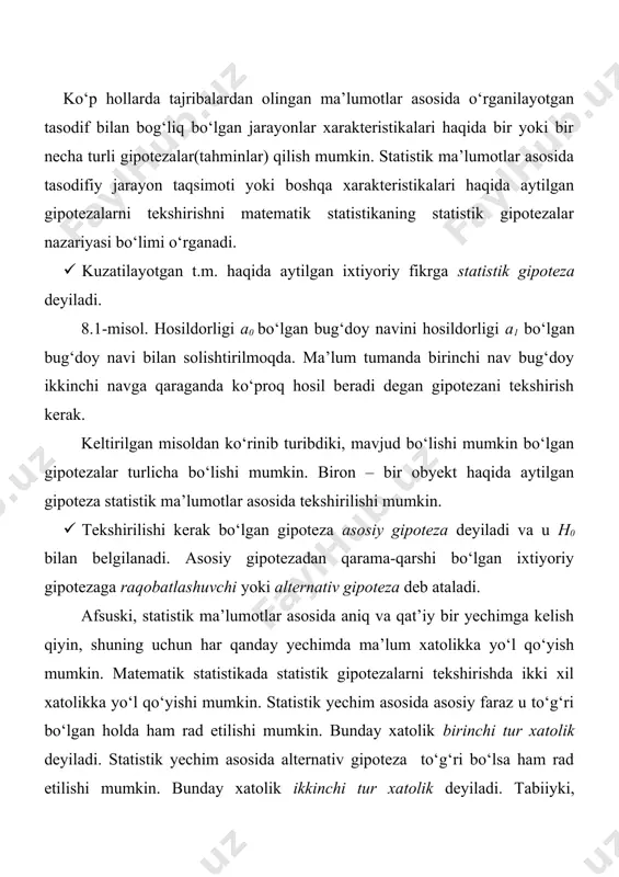 sh mumkin. - tanlanma o‘rta qiymat θ0 va - parametrlik normal qonun bo‘yicha taqsimlangani uchun bu yerda - laplas funksiyasi. tanlangan ixtiyoriy ehtimollik uchun, , tengliklar bajariladigan cα soni har doim mavjud. demak, neyman – pirson teoremasining barcha shartlari qanoatlantiriladi. shu teoremaga asosan t. e. q. alomat mavjud va uning kritik to‘plami quyidagicha aniqlanadi. , mana shu alomatning quvvatini hisoblaylik. alternativ h1 gipotezaga ko‘ra - tanlanmaning o‘rta qiymati θ1 va - parametrli normal qonun bo‘yicha taqsimlangandir. u holda (1) (1) munosabatdan ikkinchi tur xatolik ekanligi kelib chiqadi. endi quyidagi masalani ko‘raylik. aliomatning qiymatdorlik darajasi α ga teng bo‘lganida, ikkinchi tur xatolik β ga teng bo‘lishi uchun nechta kuzatilma kerak?; ya’ni tanlanmaning hajmi qanday bo‘lishi kerak? kerakli n soni topish uchun ikkita tenglamaga egamiz. bular va (2) φ(y)=p tenglamaning yechimini ko‘raylik. bu tenglamaning yechimi yp normal qonunning p – chi kvantili deyiladi. u holda (2) ga asosan . oxirgi ikki tenglikdan …