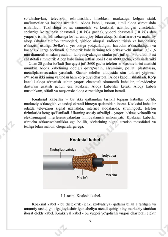 axborotlarni turli tok chastotalarida uzatish uchun moʻljallangan kabel. aloqa kabeli orqali telegrammalar, fototasvirlar, telefon soʻzlashuvlari, televizion eshittirishlar, hisoblash markaziga kelgan statik maʼlumotlar va boshqa uzatiladi. aloqa kabeli, asosan, simli aloqa oʻrnatishda ishlatiladi. tuzilishiga koʻra, simmetrik va koaksial; uzatiladigan chastotalar spektriga koʻra, past chastotali (10 kgs gacha), yuqori chastotali (10 kgs dan yuqori); ishlatilish sohasiga koʻra, uzoq joy bilan aloqa (shaharlararo) va mahalliy aloqa (shahar telefon tarmoqlari, qishloq aloqasi, radioeshittirish va boshqalar); oʻtkazish usuliga 364koʻra, yer ostiga yotqiziladigan, havodan oʻtkaziladigan va boshqa xillarga boʻlinadi. simmetrik kabellarining tok oʻtkazuvchi simlari 0,3-1,6 mm diametrli misdan yasaladi. izolyatsiyalangan simlar juft-juft qilib buraladi. past chastotali simmetrik aloqa kabelining juftlari soni 1 dan 4800 gacha, koaksiallarniki — 2 dan 20 gacha boʻladi (har qaysi juft 3600 gacha telefon soʻzlashuvlarini uzatishi mumkin).aloqa kabelining qobigʻi qoʻrgʻoshin, alyuminiy, poʻlat, plastmassa, metallplastmassadan yasaladi. shahar telefon aloqasida sim tolalari yigirma-oʻttizdan ikki ming va undan ham koʻp quyi chastotali aloqa kabeli ishlatiladi. …