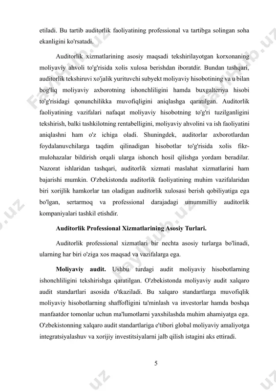 shonchliligini tekshirishga qaratilgan. o'zbekistonda moliyaviy audit xalqaro audit standartlari asosida o'tkaziladi. bu xalqaro standartlarga muvofiqlik moliyaviy hisobotlarning shaffofligini ta'minlash va investorlar hamda boshqa manfaatdor tomonlar uchun ma'lumotlarni yaxshilashda muhim ahamiyatga ega. o'zbekistonning xalqaro audit standartlariga e'tibori global moliyaviy amaliyotga integratsiyalashuv va xorijiy investitsiyalarni jalb qilish istagini aks ettiradi. soliq auditi. soliq auditi kompaniyaning soliqlarni to'g'ri hisoblab to'laganligini tasdiqlash uchun soliq xizmati tomonidan o'tkaziladi. o'zbekistonda soliq tekshiruvlari kameral soliq tekshiruvi, sayyor soliq tekshiruvi va soliq auditi kabi turlarga bo'linadi. soliq auditini o'tkazish qoidalari o'zbekiston respublikasi davlat soliq qo'mitasining qarori bilan tasdiqlangan nizomga muvofiq amalga oshiriladi. soliq auditining asosiy maqsadi soliq qonunchiligiga rioya etilishini ta'minlash va davlat budjetiga tushumlarni to'g'ri shakllantirishga ko'maklashishdir. operatsion audit. operatsion audit tashkilot faoliyatining samaradorligi va unumdorligini baholashga qaratilgan. u xo'jalik tizimiga yuqori samaradorlik va mehnat unumdorligi darajasiga chiqish uchun yordam berishni maqsad qiladi. operatsion audit funktsional audit, tashkiliy audit va maxsus audit kabi turlarga bo'linishi mumkin. o'zbekiston …