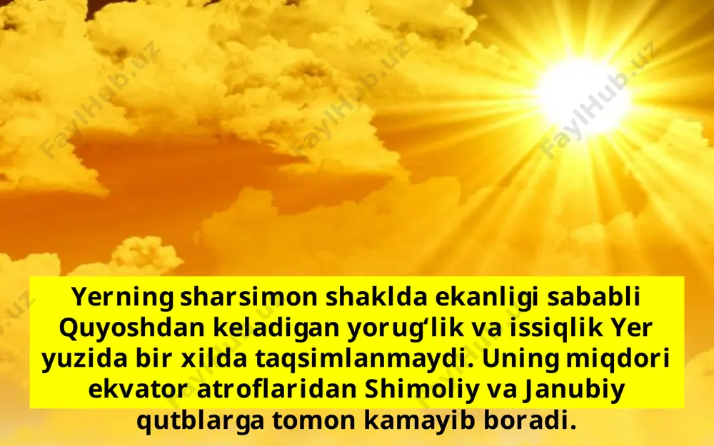 pik mintaqa bilan mo‘tadil mintaqa oralig‘ida (30°—40° kengliklar) subtropik mintaqalar joylashgan. bu mintaqalarga qishda mo‘tadil mintaqaning ancha salqin havosi, yozda esa tropik mintaqaning issiq havosi kirib keladi. mo‘tadil mintaqadan shimoliy yarimsharda shimolda subarktika, janubiy yarimsharda esa janubda subantarktika mintaqasi joylashgan. iqlimi qishda sovuq, yozda esa salqin va seryog‘in bo‘ladi. faqat o‘t va butalar o‘sadi. har bir zona boshqa zonalardan o‘simliklari, tuproqlari va hayvonot dunyosiga ko‘ra farq qiladi shimol janub 63-rasm. yer yuzidagi asosiy tabiat zonalari: 1. tundra. 2. tayga. 3. aralash o‘rmonlar. 4. dasht. 5. doimiy yashil o‘rmonlar. 6. cho‘llar. 7. savannalar. 8. ekvatorial o‘rmonlar. savol va topshiriqlar: 1. nima sababdan geografik mintaqalar vujudga kelgan? 2. tabiat zonalari xaritasidan shimoliy yarimsharda qanday zonalar borligini ko‘rib chiqing. 3. yashaydigan joyingiz tabiati haqida gapirib bering. image2.jpg image3.jpeg image4.jpeg image5.png image6.png image7.jpeg image8.jpeg image9.png image10.jpeg image11.emf image12.jpeg image13.jpeg image14.jpeg image15.jpeg image16.emf image1.jpg
