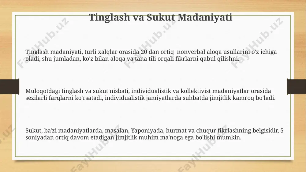tni jamlash vaqti individual farq qiladi, ba'zi odamlar 15 sekunddan keyin, boshqalari esa 45 sekunddan keyin tinglash samaradorligini yo'qotadi. bu esa tinglash jarayonida to'siqlarni keltirib chiqarishi mumkin. nonverbal signallar va tinglash ko'z kontaktiga 70% vaqt ajratish, tinglovchining fikriga qiziqish bildirish va faol tinglashni namoyish qilishda muhim nonverbal signaldir. jimlik va tana tili (masalan, bosh irg'ash, tabassum) birgalikda ishlatilganda, gapiruvchining xabariga bo'lgan qiziqishni va tushunishni 20% ga oshirishi mumkin. nutq davomida 3-5 soniya davomida to'xtab turish, fikrni qayta ishlash va o'ylab gapirish imkonini beradi, bu esa tinglovchida chuqurroq tushunishni va diqqatni jamlashni ta'minlaydi. tinglash va sukut madaniyatining kelajagi kelajakda, efektiv muloqot ko'nikmalariga ega bo'lgan shaxslar, bozor talablariga javoban 25% yuqori ish haqi olishlari mumkin. sukutning ahamiyati, ijtimoiy-psixologik tadqiqotlarga ko'ra, insonlararo munosabatlarda 15% ga ishonch va tushunishni oshirishi mumkin. tinglash madaniyatining kelajagi, raqamli aloqa vositalarining tarqalishi bilan bog'liq holda, 30% ga kamayishi mumkin, bu esa samimiy muloqotning pasayishiga olib keladi. e'tiboringiz uchun …