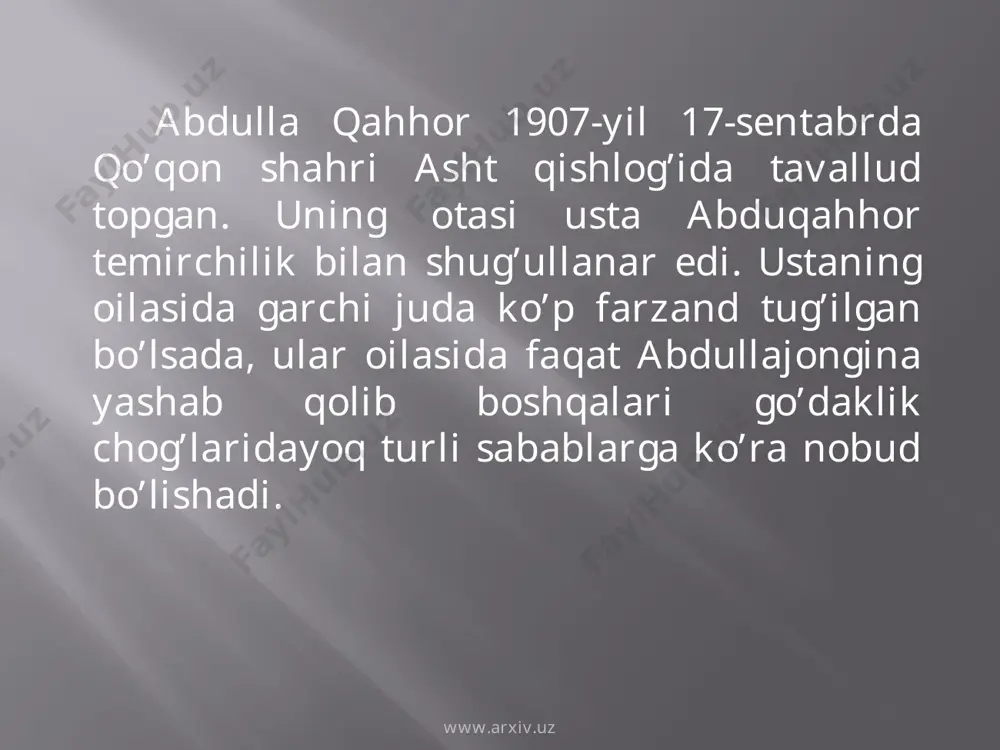qilayotgan qariyalar va ayollar to’g’risidagi o’nlab hikoyalarni bitdi. urushdan keyin – 1949-yilda abdulla qahhor qishloq xo’jaligini jamoalashtirish mavzusi yoritilgan “qo’shchinor” nomli roman yozib e’lon qiladi. www.arxiv.uz www.arxiv.uz biroq matbuotda, yozuvchilar uyushmasida va boshqa joylarda bildirilgan noo’rin tanqidiy gaplar tufayli bu asar jiddiy qayta ishlanadi va “qo’shchinor chiroqlari” nomi bilan 1951-yilda boshqatdan chop etiladi. abdulla qahhorning qator hikoyalari, hajviy asarlari “sinchalak’’ qissasi ,’’qo’shchinor chiroqlari’’ romani asosida telespektallar, video va badiiy filmlar suratga olingan.abdulla qahhor 1968-yilning 25-may kuni vafot etdi. www.arxiv.uz www.arxiv.uz va toshkentdagi chig’atoy qabristoniga dafn qilindi.poytaxtimizda adib yashab ijod etgan maskan bugungi kunda ‘’abdulla qahhor uy-muzeyi’’ga aylantirilgan. o’zbek adabiyoti va madaniyati rivojiga qo’shgan ulkan hissasi uchun abdulla qahhor ‘’o’zbekiston xalq yozuvchisi ‘’ unvoniga , mustaqillik davrida esa ‘’buyuk xizmatlari uchun ‘’ ordeniga munosib topilgan. www.arxiv.uz www.arxiv.uz www.arxiv.uz www.arxiv.uz www.arxiv.uz www.arxiv.uz xx asrning dastlabki yillarida c hor rossiyasi tomonidan bosib olingan o’lkamizning iqtisodiy-madaniy hayoti parokanda holga keltirilgan bu davrda aholi nihoyatda …