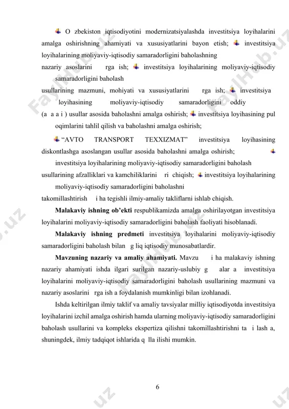 samaradorligini baholashning nazariy asoslari 1.1. o’zbekiston iqtisodiyotini modernizatsiyalashda investitsiya loyihalarini amalga oshirishning ahamiyati va xususiyatlari milliy iqtisodiyotni modernizatsiya qilish va rivojlantirishda bugungi kunda asosiy e ti r iqtisodiyotga kiritilgan investitsiyalar va ularning sal g iga qaratilmoqda. chunki iqtisodiy sish i ta i lash a investitsiyalarning hajmi va ularning tarkibi muhim ahamiyat kasb etadi. shularni inobatga olgan holda, prezidentimiz tomonidan mamlakatimiz iqtisodiy siyosati istiqbolini belgilab berishda ustuvor alishlar a biri sifatida investitsiyalarni keng jalb etish, ayniqsa, xorijiy investorlar uchun yanada qulay sharoitlarni yaratishga e ti r qaratilmoqda. mamlakatimiz iqtisodiyotiga jalb etilgan investitsiyalar hajmi yildan-yilga oshib bormoqda. buni birgina 2012 yilda kiritilgan jami investitsiyalar hajmidan ham bilib olish mumkin. milliy iqtisodiyotga tga yili kiritilgan jami investitsiyalar xajmi 2011 yilga nisbatan 14 foizga p li , qiymati 11 milliard 700 million aqsh dollaridan ortiqdir. jami investitsiyalarning 74 foizdan rtig i mamlakatimizning ichki manbalari hisobidan – korxonalar va aholi a lag lari, investitsiya jarayonlarida …