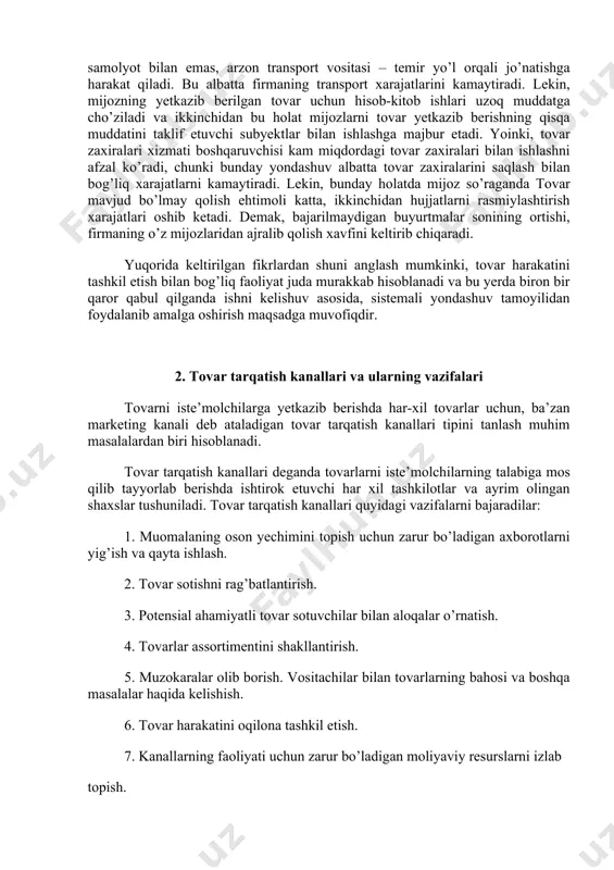 o’plab omborlarga ega bo’lish tushuniladi. bular esa o’z navbatida tovar tarqatish bilan bog’liq xarajatlarning ko’payib ketishiga olib keladi. xarajatlarni kamaytirishni ko’zlash esa, arzon transport sistemasi, kam hajmdagi tovar zaxiralarini saqlab turish va kam sonli omborxonalarga ega bo’lish bilan bog’liqdir. tovar harakati xarajatlari bir-biri bilan teskari proporsional bog’liqlikka egadir. masalan, tovar-ekspedisiya boshqaruvchisi tovarni ko’pchilik hollarda samolyot bilan emas, arzon transport vositasi – temir yo’l orqali jo’natishga harakat qiladi. bu albatta firmaning transport xarajatlarini kamaytiradi. lekin, mijozning yetkazib berilgan tovar uchun hisob-kitob ishlari uzoq muddatga cho’ziladi va ikkinchidan bu holat mijozlarni tovar yetkazib berishning qisqa muddatini taklif etuvchi subyektlar bilan ishlashga majbur etadi. yoinki, tovar zaxiralari xizmati boshqaruvchisi kam miqdordagi tovar zaxiralari bilan ishlashni afzal ko’radi, chunki bunday yondashuv albatta tovar zaxiralarini saqlash bilan bog’liq xarajatlarni kamaytiradi. lekin, bunday holatda mijoz so’raganda tovar mavjud bo’lmay qolish ehtimoli katta, ikkinchidan hujjatlarni rasmiylashtirish xarajatlari oshib ketadi. demak, bajarilmaydigan buyurtmalar sonining ortishi, firmaning o’z mijozlaridan …