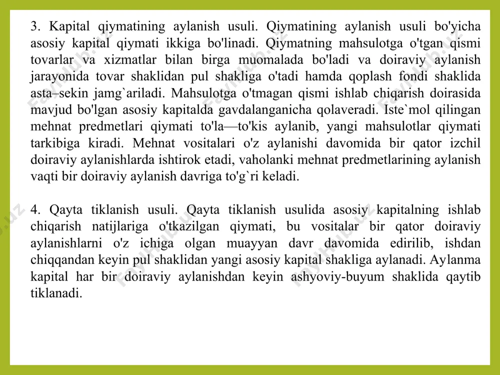 jihatdan asosiy kapitalning miqdoriy wsishiga emas, balki undan olinadigan samarani oshirishga, ya`ni asosiy kapitalning har bir swmiga twg`ri keladigan mahsulot hajmini kwpaytirishga bog`liqdir. kapitalning samaradorlik darajasi turli omillarning ta`siri ostida shakllanadi. ular orasida asosiy kapitalning tarkibi (tarmoq tarkibi, turlar bwyicha tarkibi); asosiy kapitaldan foydalanish va uni taqsimlash samaradorligi; eskirgan mehnat vositalarini yangilari bilan amashtirish ywllari va usullari muhim ahamiyatga ega. asosiy kapitalning tarmoq tarkibi ularning ayrim tarmoqlar bwyicha taqsimlanishi va kapitalning umumiy qiymatidan har bir tarmoqning hissasi bilan tavsiflanadi. agar asosiy kapital tarkibida kwproq texnika taraqqiyoti va ishlab chiqarish samaradorligini belgilaydigan tarmoqlarning ulushi oshsa, ularning tarmoq tarkibining yaxshilanganligini bildiradi. asosiy kapitalning turlari bwyicha tarkibi ularning umumiy qiymatida, har bir turlarining hissasi va nisbati bilan tavsiflanadi. asosiy kapitalning ayrim turlari ishlab chiqarishda wz ishtiroki bwyicha bir xil rol` wynamaydi. agar binolar asosan ishlab chiqarish jarayonining bir me`yorda borishini ta`minlab mehnatning umumiy sharoitini tashkil qilib, ishlab chiqarish samaradorligiga bilvosita tasir kwrsatsa, mehnat …