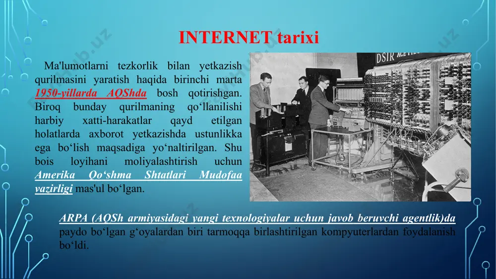 n keyingina tanila boshlagan. bu csd-ulanishning foydalanuvchiga juda qimmatga tushishi bilan bog‘liq bo‘lgan. keyinchalik mobil internetning yangi turi – wap paydo bo‘ldi. unga ko‘ra, foydalanuvchi faqat sarflagan trafigi uchungina pul to‘laydigan bo‘ldi. o‘shandan buyon mobil internet odamlar orasida keng tarqalib, ommalasha boshladi.undan keyin gprs va edge-ulanish turlari paydo bo‘ldi. bular mobil chatlarda muloqot qilish imkoni tufayli foydalanuvchilarning e’tirofiga sazovor bo‘ldi.bugunga kelib, 3g va 4g ulanish turlari eng mashhur hisoblanadi. 4g ulanish tezligi bo‘yicha yutadi, 3g esa hududiy tarqalish ko‘rsatkichlariga ko‘ra yetakchilik qiladi. kelgusida takomillashtirilgan 5g internetning tatbiq qilinishi rejalashtirilmoqda. kompyuter virusi — internet orqali suzib yuradigan, kompyuter programmalarini yoʻq qilib, ishlamay qolishiga sabab boʻladigan programma. hozirgi kunda bu viruslarga qarshi antiviruslar ishlab chiqarilgan. viruslar haqida dastlabki maʼlumotlar amerikalik t. j. raynning 1977-yilgi fantastik asarida uchraydi. bu asarda 7000 kompyuter virusdan zararlanganligi haqida soʻz boradi. virus ham tuzilishiga koʻra dastur, lekin zararli. hozirda viruslar juda keng klassifikatsiya ega. ular keng qamrovda …