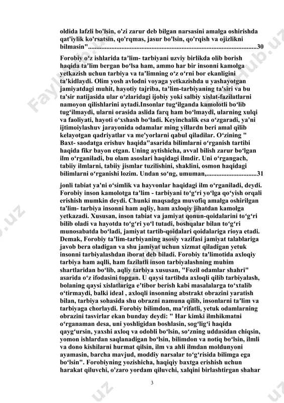 alim tarbiya qarashi» mavzusida olib bordik. tadqiqotning maqsadi: abu nasr farobi talim-tarbiya sohasidagi tadqiqotlari orqali maqsad ko'rsatiladi: 1. ta'limning maqsadi: farobi ta'lim-tarbiya sohasidagi tadqiqotlarida, ta'limning asosiy maqsadlarini, yani insonlarni ma'rifat, murojaat, va amaliyotga erishishda o'rgatishni ta'kidlash muhimdir. uning fikrlari ta'limning insonning ma'rifat darajasi va shaxsiy rivojlanishga ko'rsatgan roli bo'yicha ilmiy izohlar beradi. 2. tarbiya usullari: farobi tarbiya usullari haqida o'rganish, uning ta'lim-tarbiya metodologiyasi va dars berishning qanday qilib insonlarda ma'rifat va tajriba o'zgartirishda muhim rol o'ynashini o'rganish. 3. tarbiya maqsadlari: tadqiqotlar uning ta'limda maqsadlarni aniqlash va ularga erishish yo'nalishlarini o'rganishni o'z ichiga oladi. u ta'limda odamlarni maddiy va ma'naviy ravishda rivojlantirishning muhimligi va zarurati haqida fikrlarini ifodalaydi. 4. ilmiy faoliyat: abu nasr farobi ta'lim-tarbiya sohasidagi tadqiqotlarida ilmiy faoliyatning ahamiyati va uning ta'limda qanday o'rni ega bo'lishi haqida fikrlarini ifodalaydi. u ta'limning ilmiy rivojlanish va insonni ma'rifatli va o'zini ifoda qilish qobiliyatini rivojlantirishga qaratilgan muhim vosita sifatida ko'rsatiladi. 5. tarbiya va …