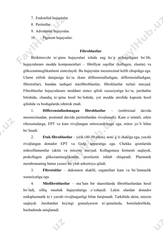 lari mavjud, sitolemmasida ma’lum bir zarralarni, bakteriyalarni, yaqinlashgan hujayralarni qamrab oluvchi burmalari mavjud. bu vaqtda katta bo`lmagan vakuol – fagasoma hosil bo`ladi. ular to`planadi, birlamchi lizosomalar bilan qo`shilib, parchalanadi. makrofaglar immun reaksiyalarda ishtirok etib, antigenlarni yutadi va hosil bo`lgan materialni t- va b – limfotsitlarga uzatadi, bu esa immun reaksiyadagi t- va b – limfotsitlarni proliferatsiya va differensirovkasini stimullaydigan ta’sir ko`rsatadi. fagotsitozlangan antigenlar kuchli fagotsitlanmaganlariga nisbatan kuchli immun reaksiya chaqiradi. plazmolemma yuzasida o`sma hujayralar, eritrotsitlar, t va b – limfotsitlar, antigenlar, immunoglobulinlar uchun retseptorlar mavjud. makrofaglarda 1 ta yadro, ko`plab lizosomalar, fagosomalar, pinotsitoz pufakchalari, kam miqdorda mitoxondriyalar, donador ept, golji apparati, lipid, glikogen kiritmalar va boshqalar uchraydi. ular interferon, lizotsim, pirogenlar, proteazalar, nordon gidrolazalar ishlab chiqaradi, bular esa himoya vazifasini bajaradi. bundan tashqari -mediatorlar – monotsitlar ishlab chiqaradi: interleykin i, limfotsitlarda dnk sintezini aktivlovchilar, immunoglobulinlarning ishlab chiqarishini aktivlovchi omillar, t- va b – limfotsitlar differensiallashishini stimullovchi omillar. makrofaglar nafaqat siyrak …