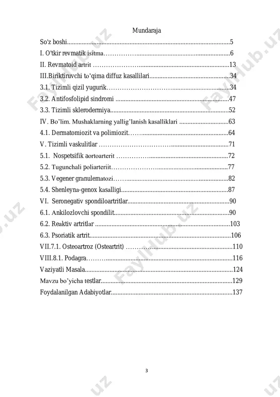 al tashxislash algoritmi taqdim etiladi. mezonlarga asoslangan tashxis qo'yish va davolanishning zamonaviy terapevtik yondashuvlari aks ettirilgan. o'quv jarayonini optimallashtirish uchun test nazorati va vaziyatli masalalar ham taqdim etiladi. revmatologiya bo'yicha qo'llanma tibbiy oliy ta’lim muassasalari talabalari, umumiy amaliyot vrachlari, terapevtlar, revmatologlar uchun mo’ljallangan. ushbu o'quv qo'llanma oliy o'quv yurtlari uchun mo'ljallangan darsliklarga qo'yiladigan talablarga javob beradi va "davolash ishi", "pediatriya" mutaxassisliklari bo'yicha oliy ta'limning asosiy o'quv dasturlarini amalga oshiradigan o’quv yurtlarida foydalanish uchun tavsiya etiladi, shuningdek ordinatorlar va amaliyot vrachlari uchun birdek foydali. 5 o'tkir revmatik isitma o'tkir revmatik isitma- в-gemolitik streptokokk guruhi ta’sirida tonzillit (tonzillit) yoki faringitdan son’g biriktiruvchi to'qima tizimli yallig'lanish kasalligi shaklida namoyon bolib, yqt sistemasida (cardit), bo'g'imlarda (migratsiyalanuvchi poliartrit), miya toqimalarida (xorea) vaterida (halqasimon eritema, revmatik tugunlar) zararlanishlari bilan kechuvchi kasalliklar guruhidir. o'tkir revmatik isitma moyil shaxslar asosan yoshiar (7-15 yosh ) da rivojlanadi, zararlangan inson to'qimalarning ag strukturasining streptokokklar ag strukturasi bilan kesishgan o'zaro reaktivligi …