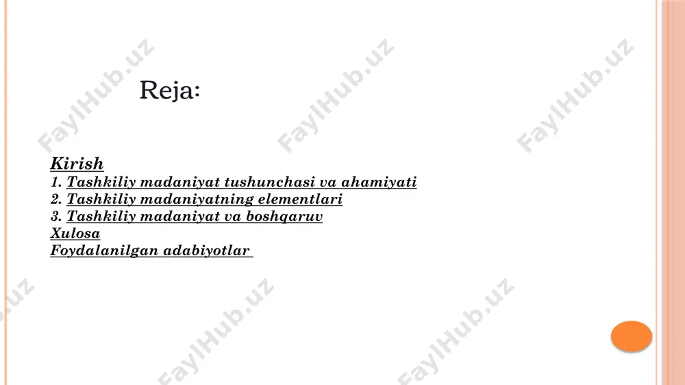 angan aniq belgilangan qoidalar va protseduralarga amal qilish barqarorlik va natijalarni oldindan aytish mumkinligi rasmiy tizimlar va jarayonlar orqali boshqaruv bozor madaniyati natijalar va raqobatga asoslangan samaradorlik va maqsadlarga erishishga e'tibor tashqi muhitga moslashish qobiliyati o'lchanadigan ko'rsatkichlar asosida ishlash adhokratiya madaniyati innovatsiyalar va moslashuvchanlikka asoslangan yangi g'oyalar va ijodkorlikni rag'batlantirish tezkor o'zgarishlarga moslashuvchanlik individual tashabbuskorlik va erkinlik 5 ijtimoiy ish tashkilotlarida madaniyatni shakllantirish rahbarning roli rahbar tashkilot madaniyatining asosiy shakllantirishida muhim ahamiyatga ega. uning shaxsiy qadryatlari, qaror qabul qilish usullari va xatti-harakatlari xodimlar tomonidan kuzatiladi va o'rnak sifatida qabul qilinadi. rahbar o'z so'zlari va harakatlari orqali tashkilotning asosiy qadriyatlarini namoyish etishi, muhim voqealar va g'alabalarni nishonlashi hamda tashkilot tarixini saqlash va targ'ib qilishi lozim. xodimlarning ishtiroki tashkiliy madaniyatni shakllantirish jarayonida barcha xodimlarning faol ishtiroki muhimdir. bu qadriyatlarni birgalikda yaratish, ularni muhokama qilish va amaliyotga tatbiq etish imkonini beradi. xodimlarning madaniyatni shakllantirishda ishtiroki ularning tashkilotga sodiqligini oshiradi, xodimlar almashinuvini kamaytiradi va …