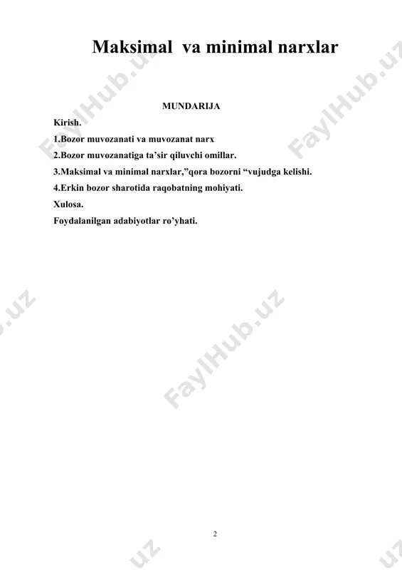 ega. kurs ishining maqsad va vazifalari: maksimal va minimal narxlar mavzusidagi tadqiqotning maqsad va vazifalari quyidagilardan iborat bo'lishi mumkin: maqsadlar: 1. bozor mexanizmlarini o'rganish: maksimal va minimal narxlarning bozor muvozanatiga ta'sirini tahlil qilish. 2. ijtimoiy adolatni ta'minlash: minimal narxlar orqali aholini qo'llab-quvvatlash mexanizmlarini o'rganish. 3. inflatsiya va deflyatsiya dinamikasini aniqlash: narxlar darajasining iqtisodiy o'zgarishlarga qanday ta'sir qilishini o'rganish. 4. raqobatni baholash: maksimal narxlar raqobat va sifatga qanday ta'sir qilishi haqida tahlil o'tkazish. vazifalar: 1. nazariy asoslarni tahlil qilish: maksimal va minimal narxlar haqida mavjud iqtisodiy nazariyalarni o'rganish. 2. praktik misollarni keltirish: turli davlatlardagi maksimal va minimal narxlar misollarini o'rganish va ularning natijalarini taqqoslash. 3. iqtisodiy ko'rsatkichlarni tahlil qilish: narxlar o'zgarishining iqtisodiy ko'rsatkichlarga (masalan, ish bilan ta'minlash, inflyatsiya darajasi) ta'sirini aniqlash. 4. ijtimoiy va iqtisodiy natijalarni baholash: maksimal va minimal narxlar qo'llanilganda ijtimoiy va iqtisodiy natijalarni tahlil qilish. 5. tavsiya va takliflar ishlab chiqish: olingan ma'lumotlar asosida optimal narx siyosatini ishlab …