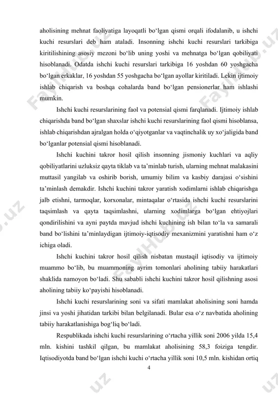 ababli ishchi kuchini takror hosil qilishning asosi aholining tabiiy ko‘payishi hisoblanadi. ishchi kuchi resurslarining soni va sifati mamlakat aholisining soni hamda jinsi va yoshi jihatidan tarkibi bilan belgilanadi. bular esa o‘z navbatida aholining tabiiy harakatlanishiga bog‘liq bo‘ladi. respublikada ishchi kuchi resurslarining o‘rtacha yillik soni 2006 yilda 15,4 mln. kishini tashkil qilgan, bu mamlakat aholisining 58,3 foiziga tengdir. iqtisodiyotda band bo‘lgan ishchi kuchi o‘rtacha yillik soni 10,5 mln. kishidan ortiq bo‘lib, jami ishchi kuchi resurslari tarkibida 68,2 foizni tashkil qiladi.36[36] o‘zbekistonda aholining tabiiy harakati quyidagi ma’lumotlar bilan tavsiflanadi: yillar ko‘rsatkichlar (har 1000 kishi hisobiga) tug‘ilish o‘lish tabiiy o‘sish 1991 34,5 6,2 28,3 1995 29,8 6,4 23,4 1996 27,3 6,2 21,1 1997 26,0 5,9 20,1 1998 23,0 5,8 17,2 1999 22,3 5,3 17,0 2000 21,5 5,5 16,0 2001 20,4 5,3 15,1 2002 20,9 5,4 15,5 2003 19,8 5,3 14,5 2004 20,4 5,0 15,4 2005 2006 1-jadval. respublikada aholining tabiiy harakatlanishi aholining tabiiy …