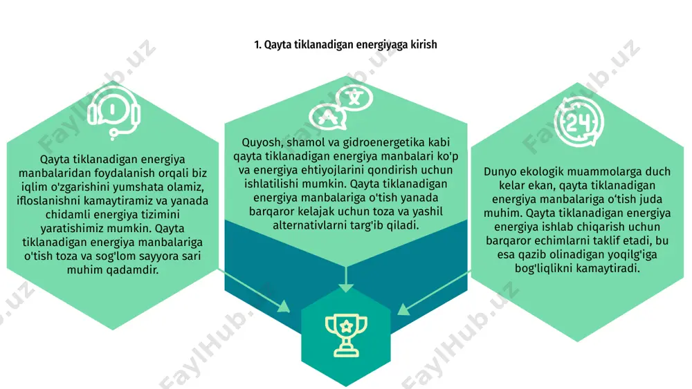 qayta tiklanadigan manbalardan foydalanish orqali biz energiya aralashmalarimizni diversifikatsiya qilishimiz va qazib olinadigan yoqilg'iga qaramlikni kamaytirishimiz mumkin. c bundan tashqari, qayta tiklanadigan energiyaga o‘tish yangi ish o‘rinlarini yaratishi, texnologik innovatsiyalarni rag‘batlantirishi va yanada barqaror kelajakka hissa qo‘shishi mumkin. qayta tiklanadigan energiya manbalarini qabul qilishdagi asosiy muammolardan biri bu o'rnatish va jihozlarning dastlabki yuqori narxidir. ko'pgina korxonalar va jismoniy shaxslar katta miqdordagi dastlabki xarajatlar tufayli ushbu texnologiyalarga sarmoya kiritishda ikkilanishlari mumkin. yana bir to'siq - qayta tiklanadigan energiyadan keng foydalanishni qo'llab-quvvatlovchi infratuzilmaning yo'qligi. kerakli tarmoq ulanishlari va saqlash imkoniyatlarisiz quyosh yoki shamol energiyasi kabi qayta tiklanadigan manbalarga to'liq o'tish qiyin bo'lishi mumkin. 6. qayta tiklanuvchi energiya manbalarini qabul qilishdagi muammolar bundan tashqari, qayta tiklanadigan energiyaning afzalliklari to'g'risida jamoatchilikning xabardorligi va ta'limning etishmasligi qabul qilinishiga to'sqinlik qilishi mumkin. ko'p odamlar toza energiyadan foydalanishning ekologik va tejamkor afzalliklari haqida bilishmaydi, bu esa qayta tiklanadigan manbalarga o'tishni sekinlashtirishi mumkin. 7. hukumat siyosati va tashabbuslari …