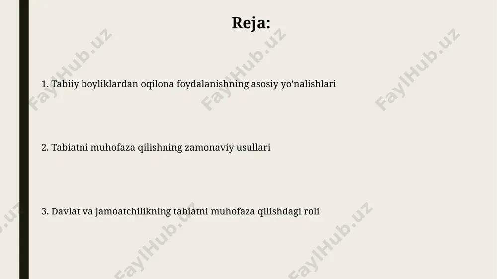 ufayli kimyoviy oʻgʻitlar isteʼmoli 10% ga kamaydi, bu esa atrof-muhitni muhofaza qilishga hissa qoʻshdi. oʻzbekistonning suv resurslaridan samarali foydalanish boʻyicha 2030-yilgacha boʻlgan davlat dasturi, 70% gacha suv tejovchi texnologiyalarni qoʻllashni nazarda tutadi va bu fermer xoʻjaliklarining samaradorligini oshirishga yordam beradi. tabiatdan oqilona foydalanish va uni muhofaza qilishning asosiy yo'nalishlari toshkent viloyatida 2025 yilga qadar 500 ga yaqin yangi qo`riqxona va milliy bog'lar tashkil etib, noyob o'simlik va hayvon turlarining sonini 10% ga oshirish maqsadida bioxilma-xillikni muhofaza qilish bo'yicha keng ko'lamli tadbirlar rejalashtirilgan. qoraqalpogʻiston respublikasining aral dengizi atrofidagi choʻl hududlarida 100 000 ga yaqin gektar yerni oʻsimliklar bilan yashil maydonlarga aylantirish orqali tuproq eroziyasini kamaytirish va iqlim oʻzgarishiga qarshi kurashish loyihalari amalga oshirilmoqda. tabiiy hududlarni muhofaza qilish va tiklash qoraqalpog'iston respublikasidagi amudaryo deltasining 100 000 gektar maydonini qamrab oluvchi ekologik tiklash loyihalari, suv resurslarini samarali boshqarish va bioxilma-xillikni saqlashga qaratilgan. surxondaryo viloyatidagi "hissor" davlat tabiat qo'riqxonasida 300 dan ortiq noyob o'simlik …