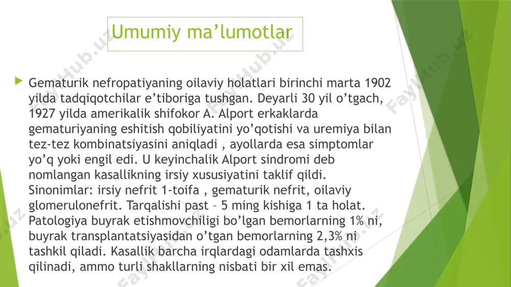 dar. vestibulyar apparatlarning patologiyalari yo’q. diagnostika diagnostika jarayonida nefrologlar , urologlar, terapevtlar va genetiklar ishtirok etadilar. so’rovda simptomlarning paydo bo’lish yoshi, gematuriya, proteinuriya mavjudligi yoki birinchi darajali qarindoshlarda surunkali buyrak etishmovchiligi tufayli o’lim holatlari aniqlanadi. alport sindromi erta boshlanishi va kuchli oila tarixi bilan tavsiflanadi. differentsial diagnostika glomerulonefritning gematurik shakli va ikkilamchi nefropatiyalarni istisno qilishga qaratilgan . tashxisni tasdiqlash uchun quyidagi muolajalar amalga oshiriladi: jismoniy tekshiruv. teri va shilliq pardalarning rangsizligi, mushak tonusining pasayishi, disembriogenezning tashqi va somatik belgilari aniqlanadi – yuqori tanglay, oyoq-qo’llarning struktura anomaliyalari, ko’zlar va nipellar orasidagi masofa. kasallikning dastlabki bosqichlarida tashxis qilinadi arterial gipotenziya , keyingi bosqichlarda – arterial gipertenziya. umumiy siydik tahlili. qizil qon hujayralari va ortib borayotgan protein miqdori aniqlanadi – gematuriya va proteinuriya belgilari. siydikdagi protein ko’rsatkichi sindromning og’irligi bilan bevosita bog’liq bo’lib, uning o’zgarishi patologiyaning rivojlanishini, nefrotik sindromning va surunkali buyrak etishmovchiligini baholaydi. abakterial leykotsituriya belgilari bo’lishi mumkin. buyrak biopsiyasi tekshiruvi . …
