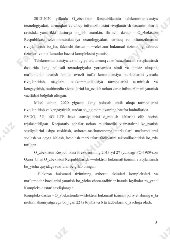 vazirlik qoshida 2 ta yirik ―elektron hukumat‖ tizimini rivojlantirish markazi va axborot xavfsizligini ta‘minlash markazlarini tashkil etish belgilangan. o‗zbekistonda ―elektron hukumat‖ tizimini joriy etishning o‗ta muhim ahamiyatga ega bo‗lgan loyihalarni amalga oshirish bo‗yicha grafiklar ishlab chiqilgan. mazkur grafiklarda loyihalarni amalga oshirish yuzasidan quyidagilarni amalga oshirish belgilangan: · dastlabki loyiha oldi tadqiqotlarni o‗tkazish, bunda interaktiv xizmatlar bo‗yicha xalqaro tajribani o‗rganish, mavjud holatini o‗rganish, va takliflar ishlab chiqish. · loyihani amalga oshirish konsepsiyasini ishlab chiqish. · dastlabki texnik iqtisodiy hisob-kitoblarni ishlab chiqish. · dastlabki texnik iqtisodiy hisob-kitoblarni ekspertizadan o‗tkazish. · texnik topshiriq ishlab chiqish. · loyihani amalga oshiruvchini aniqlash bo‗yicha tanlovlar o‗tkazish.  loyihani amalga oshirish. ―elektron hukumat‖ tizimini joriy qilishning istiqbolli rejalari doirasida 20142016 yillarda idoralararo integratsiyalashgan platformani yaratish loyihasi amalga oshiriladi. bu platforma barcha davlat organlari axborot tizimlarini birlashtiradi, aholiga ma‘lumot olish, ariza topshirish va boshqa xizmatlardan foydalanish bo‗yicha idoralar o‗rtasida ma‘lumot almashishga xizmat qiladi. davlat organlarining aholi va tadbirkorlik …