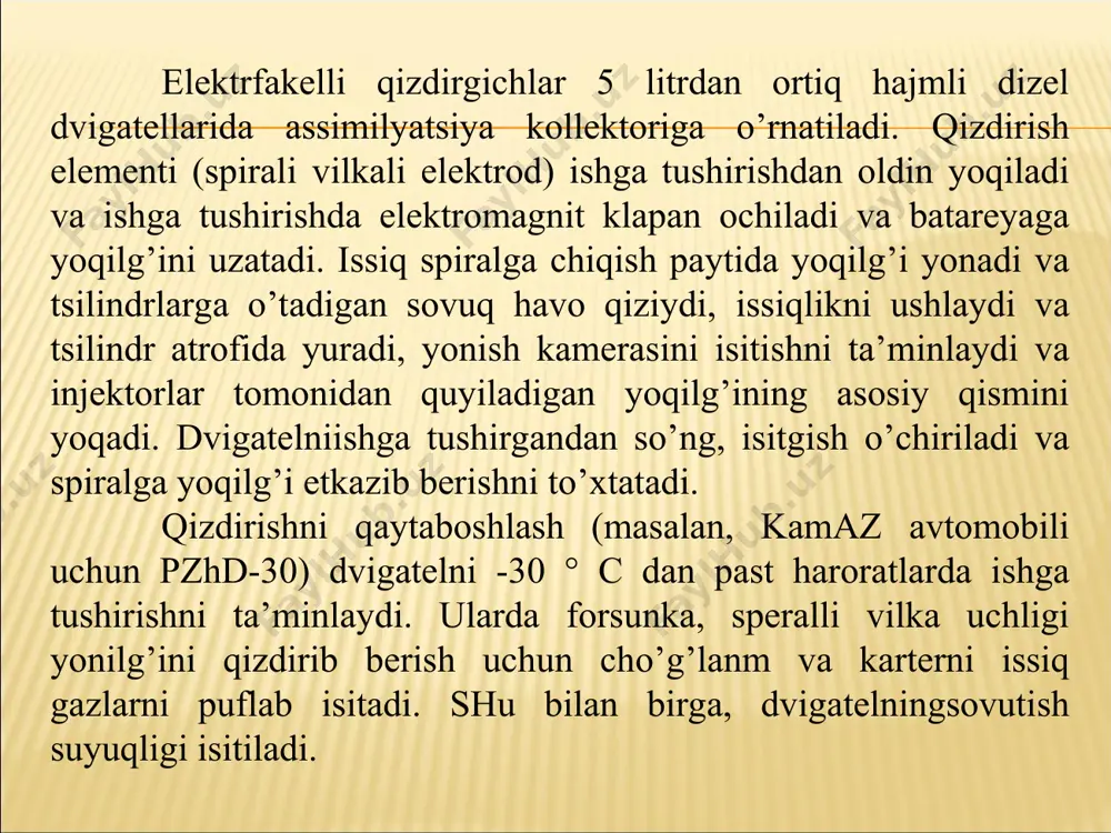 radi, keramik qotishmadan qilingan. himoya qobig’i eng yuqori issiqlik o’tkazuvchanligiga ega bo’lgan keramik material bo’lgan silikonnitritdan tayyorlangan. dizayn tufayli qizdirish svechasi ish haroratini rekord darajada 2 soniya ichida isitadi, bu esa dvigatelni isitish vaqtini kutmasdan darhol ishga tushirishga imkon beradi. 9-rasm. qizdirish speralini ko’rinishi evro-5 va evro-6 standartlariga mos kelish uchun faqat qizdirishning birinchi soniyasidan yoqilg’ining optimal yonishini ta’minlaydigan keramika shamlari mos keladi. 10-rasm. sinovchi testerni ulanish sxemasi 1, 2 - bitta qutbli qizdirish sham, 3 - ikki kutbli qizdirish shami. agar yangi qizdirish svechasi ishlamay qolgan bo’lsa, bu yoqilg’i tizimi yoki elektron boshqaruv tizimi ishlamay qolganligini bildiradi va diagnostika talab etiladi. nazorat savollari. 1. qizdirish shamlarining tuzilishi qanday ? 2. qizdirish shamlarini tuzilishi, ishlash printsipi va konstruktsiyasining o’ziga xos tomonlari tushuntiring ? 3. dvigatelni ishga tushirish sharoitlari ayting ? 4. sovuq xolatdagi iyodni ishga tushirishni tushintiring ? 5. qizdirish shamlarini turlarini tushuntiring ? 6. qizdirish shamlaridagi kamchiliklarni tushuntiring ?