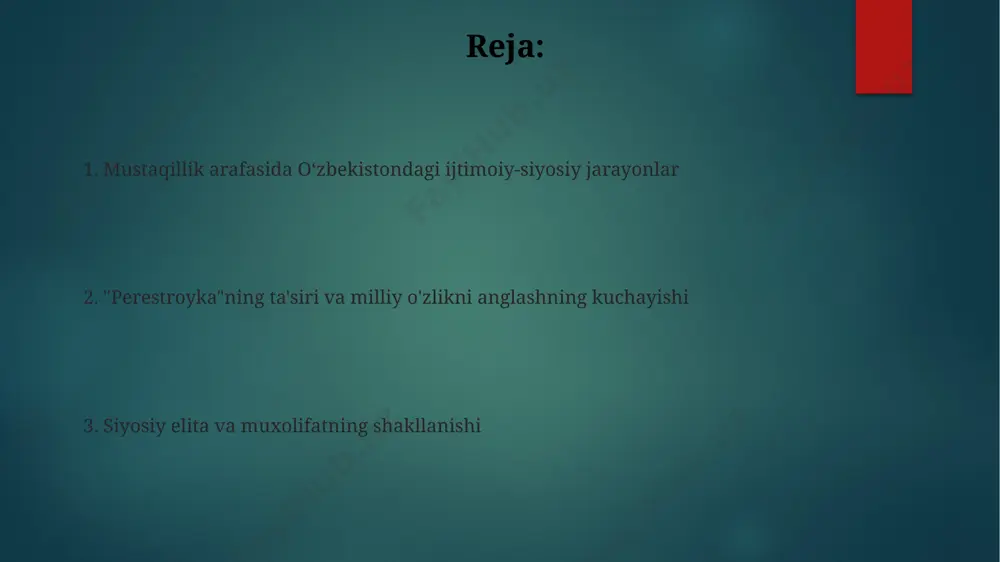 i fraksiyalar o'rtasida hokimiyat uchun kurash avj oldi, bu jarayon 1991-yilgacha davom etdi. "perestroyka" va "glasnost"ning ta'siri 1989-yilgi farg'ona voqealari kabi etnik to'qnashuvlar glasnost davrida oshkora muhokama qilina boshladi, bu respublikada 100 dan ortiq odamning o'limiga sabab bo'lgan ijtimoiy keskinlikning kuchayganini ko'rsatdi. perestroika iqtisodiy islohotlari (1987) o'zbekistonda paxta yakkahokimligini qisman yumshatishga urinib, markazdan rejalashtirishni 20% ga kamaytirishni maqsad qildi, biroq jiddiy o'zgarish bo'lmadi. 1989 yil farg'ona voqealari farg'ona voqealari, 1989 yil may oyida ro'y berdi, 100 dan ortiq odam halok bo'ldi. qirg'iziston va o'zbekiston o'rtasidagi etnik to'qnashuvlar kuchayib, respublikada siyosiy beqarorlikni keltirib chiqardi. voqealarning asosiy sabablaridan biri, yer va resurslar uchun kurash edi. taxminan 50 mingga yaqin mesxeti turklari farg'ona vodiysidan ko'chirilgan, bu mintaqadagi demografik vaziyatga ta'sir ko'rsatdi. 1991 yil avgust voqealari va o'zbekiston pozitsiyasi o'zbekiston prezidenti islom karimov shaxsiy qarashlarida, gkchp (favqulodda holat bo'yicha davlat qo'mitasi) harakatlarini qoraladi. ammo, shoshilinch bayonotlar berishdan tiyilib, vaziyatni kuzatishni afzal ko'rdi. 1991 yil …