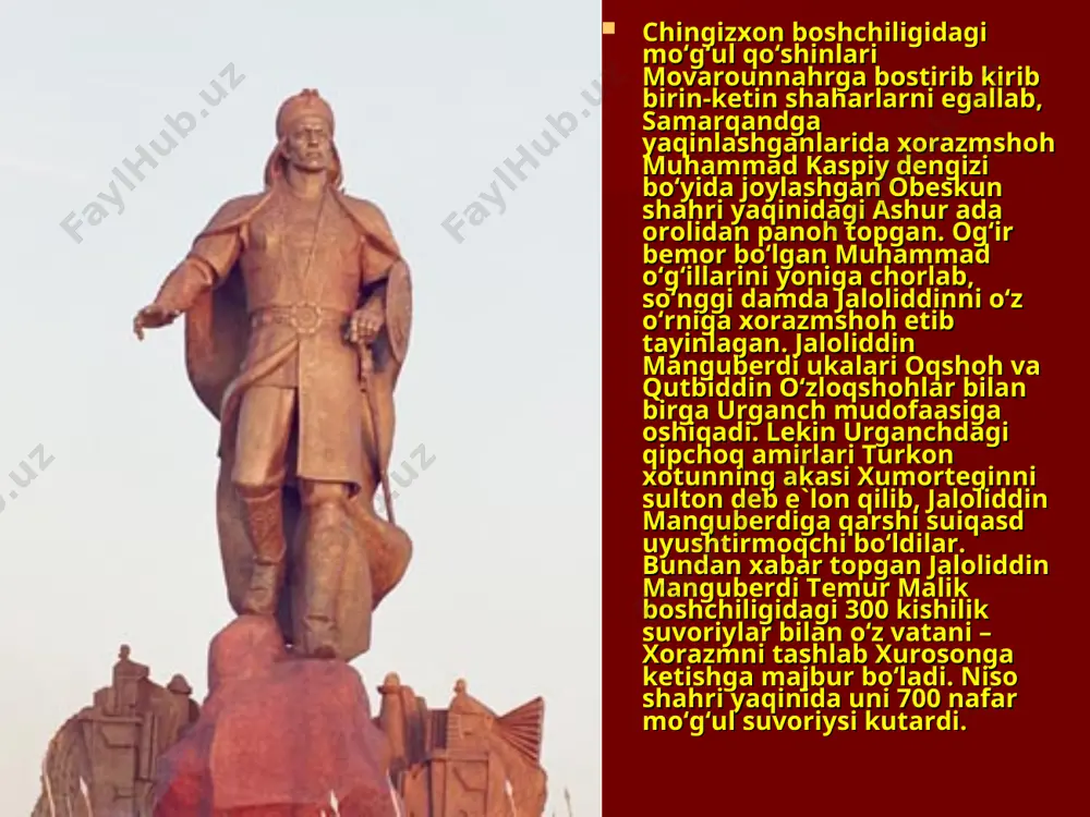 o‘lton tomon yo‘l olib qubacha mulklaridan uchcha, sadusan, xatisor, deval va damrillarni qamal qiladi, qo‘shini uchun tuyalar zarurligi tufayli gujarot viloyati markazi nahrvalga xosxon boshchiligida qo‘shin jo‘natadi. shamsuddin eltutmish jaloliddin manguberdi ustiga katta qo‘shin (30 ming otliq, 100 ming piyoda, 300 ta fil) tortadi. jaloliddin manguberdi mardonavorlik bilan raqibiga qarshi chiqadi. jaloliddin manguberdining o‘zbek toy jahon pahlavon qo‘mondonligi ostidagi ilg‘ori eltutmish ilg‘ori bilan to‘qnashib raqibidan ustin keladi. eltutmish jaloliddin manguberdi huzuriga elchisini yuborib sulh so‘raydi. jaloliddin manguberdi hindistonda o‘z nomidan kumush va mis tangalar zarb qiladi, unga tobe hind mulklarida uning nomi xutbaga qo‘shib o‘qilgan. jaloliddin manguberdiga qarshi xiyonat jaloliddin manguberdining lashkarboshisi yazidak pahlavon va sunqurjiq toysilar xiyonat qilib eltutmish tomoniga o‘tganlar. qiyin vaziyatdan qutulish uchun jaloliddin manguberdi harbiy kengash chaqirgan. amirlarning ko‘pchiligi iroq tomon yurish qilib, uni g‘iyosiddin pirshohdan tortib olishni taklif qiladi. iroqda siyosiy parokandalik hukm surardi. iroq tomon ketishga qaror qilinadi. jaloliddin manguberdi o‘zining hindistonda zabt etgan …
