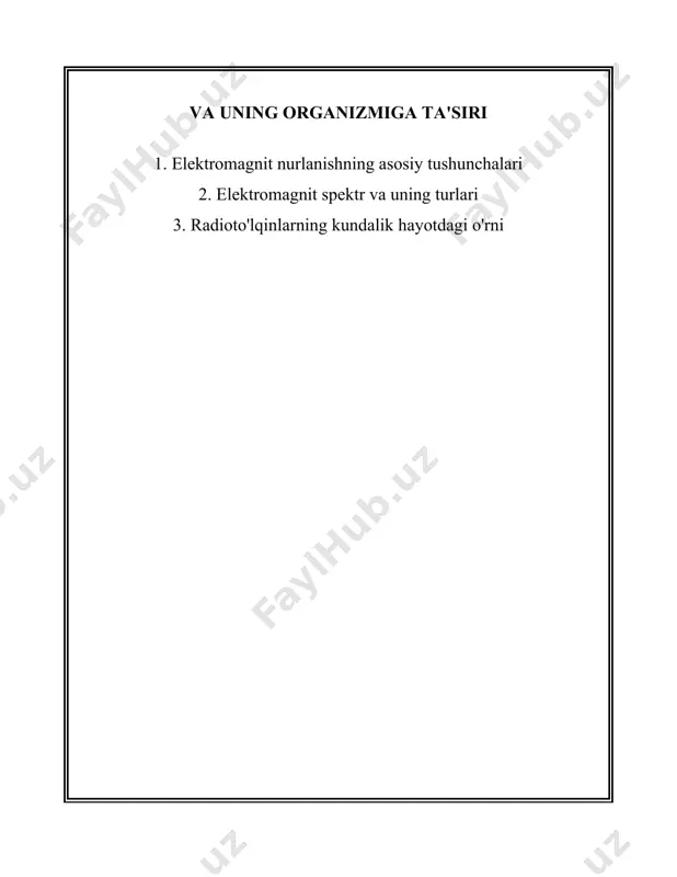iklari tashkil etadi. yorug'lik spektrining bu qismi turli ranglarga ega, masalan, qizil, to'q sariq, sariq, yashil, ko'k, indigo va binafsha ranglar. **ultrabinafsha nurlar**: ultrabinafsha (ub) nurlar to'lqin uzunligi 10 dan 400 nanometrgacha bo'lgan to'lqinlar. ub nurlar quyoshdan chiqadi va insonga zararli bo'lishi mumkin, ayniqsa, terining kuyishiga yoki teri saratoniga olib kelishi mumkin. **rentgen nurlari**: rentgen nurlari to'lqin uzunligi taxminan 0.01 dan 10 nanometrgacha bo'lgan yuqori energiyali to'lqinlar. ular tibbiy diagnostika va xavfsizlik tekshiruvlarida qo'llaniladi. **gamma nurlari**: gamma nurlari spektrning eng yuqori energiyali qismiga kiradi va to'lqin uzunligi 10 pikometrdan kam bo'lishi mumkin. ular radioaktiv parchalanish va yadro reaksiyalaridan hosil bo'ladi. elektromagnit nurlanish, ba'zi hollarda foydali bo'lsa-da, hamma turlari ham xavfsiz emas. masalan, uzoq muddatli ub nurlanish teri kasalliklariga olib kelishi mumkin, rentgen va gamma nurlari esa yuqori darajada oyog'riq yoki zarar keltirishi mumkin. shu sababli, bu nurlar bilan ishlaganda himoya vositalaridan foydalanish muhimdir. elektromagnit nurlanishning asosiy tushunchalari fizika va texnologiya …