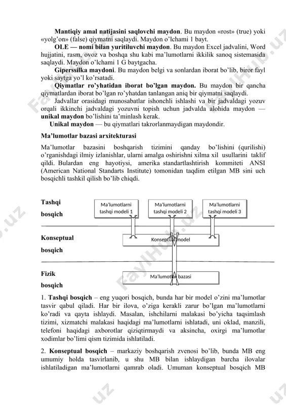 bu maydondan hisob-kitob ishlarini yuritishda foydalaniladi. hisoblagich maydoni. bu maydon 4 bayt uzunlikka va avtomatik ravishda ma’lum songa oshib borish xususiyatiga ega. ushbu maydondan yozuvlarni nomerlashda foydalanish qulaydir. mantiqiy amal natijasini saqlovchi maydon. bu maydon «rost» (true) yoki «yolg’on» (false) qiymatni saqlaydi. maydon o’lchami 1 bayt. ole — nomi bilan yuritiluvchi maydon. bu maydon excel jadvalini, word hujjatini, rasm, ovoz va boshqa shu kabi ma’lumotlarni ikkilik sanoq sistemasida saqlaydi. maydon o’lchami 1 g baytgacha. giperssilka maydoni. bu maydon belgi va sonlardan iborat bo’lib, biror fayl yoki saytga yo’l ko’rsatadi. qiymatlar ro’yhatidan iborat bo’lgan maydon. bu maydon bir qancha qiymatlardan iborat bo’lgan ro’yhatdan tanlangan aniq bir qiymatni saqlaydi. jadvallar orasidagi munosabatlar ishonchli ishlashi va bir jadvaldagi yozuv orqali ikkinchi jadvaldagi yozuvni topish uchun jadvalda alohida maydon — unikal maydon bo’lishini ta’minlash kerak. unikal maydon — bu qiymatlari takrorlanmaydigan maydondir. ma’lumotlar bazasi arxitekturasi ma’lumotlar bazasini boshqarish tizimini qanday bo’lishini (qurilishi) o’rganishdagi ilmiy …