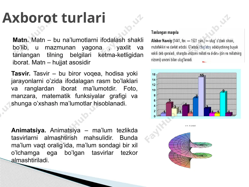 internet va sms xabarlar orqali tarqalayotgan jamiyatimizga, qadriyatlarimiz va an’analarimizga, davlatchiligimizga zid bo‘lgan nojo‘ya axborotlar yoshlarning ongini zaharlashi va ularni noto‘g‘ri yo‘llarga boshlashi mumkin. bunday holatlarning oldini olish bizning vazifamizdir. har doim axborotdan o‘rinli va to‘g‘ri foydalanish zarur axborotning salbiy va ijobiy ta’siri axborotning jamiyat, ishlab chiqarish va fandagi o’rni insoniyat o’zining rivojlanishi tarixi mobaynida modda, quvvat va axoborotlarni o’zlashtirib kelgan. bu rivojlanishning butun bir davrlari shu bosqichning ilg’or texnologiyasi nomi bilan atalgan. masalan: "tosh asr" - mexnat quroli yasash uchun toshga ishlov berish texnologiyasini egallash bosqichi, "kitob chop etish asri" - ax­borotni tarqatishni yangi usulini o’zlashtirish bosqichi, "elektr asri" - quvvatning yangi turlarini o’zlashtirish bosqichi shular jumlasidan­dir. bundan 20-30 yillar ilgari "atom asri" boshlandi deyilgan bo’lsa, hozirgi kunda "axborot asri", "kompyuter asri" deb aytiladi. axborot - fan va texnika rivojlanishi natijalari haqidagi fan-texnika ma’lumotlari, bilimlari yig’indisidir. boshqacha aytganda, axborot, mazkur talqinga binoan, fan - texnika faoliyati axborot xizmati tizimining …