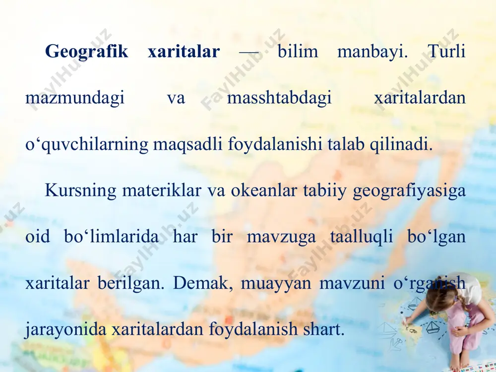 katta ta’sir ko‘rsatadi. buni bitta hududning bir xil masshtabli va mazmunli, lekin har xil maqsadli xaritalarini bir-biriga taqqoslab, yaqqol ko‘rish mumkin. maqsadiga ko‘ra, xaritalarni: o‘quv, ilmiy, turistik, targ‘ibot tashviqot kabi turlarga bo‘lish mumkin. geografik atlaslar ta’rifi, tasnifi va xususiyatlari. yagona dastur asosida bir butun (yaxlit, bo‘linmas) asar sifatida bajarilgan geografik xaritalarning tizimli to‘plamiga geografik atlas deb aytiladi. qadimgi yunon olimi klavdiy ptolemeyning geografik xaritalar to‘plamini (eramizning ii asri) birinchi geografik atlas deb hisoblash mumkin. xaritalar to‘plami uchun „atlas“ nomi merkator tomonidan (1595- yili) taklif etilgan. maktab geografik atlaslari — bu o‘quvchilarning mashg‘ulot vaqtida mustaqil bajariladigan ishlari uchun mo‘ljallangan eng muhim kartografik qo‘llanmadir. geografik globus. globus — yer sharining kichraytirilgan modeli bo‘lib, yerning tashqi qiyofasini hamda uning yirik qismlari (materiklar, okeanlar, ularning bo‘laklari) nisbatini eng to‘g‘ri va ko‘rgazmali tasvirlaydi. globusda kartografik tasvirning xatoliklari bo‘lmaydi. maktab o‘quv globuslari 1 : 83 000 000, 1 : 50 000 000, 1 : 40 000 …
