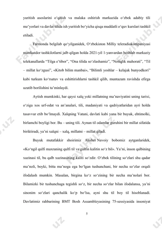 miyatning shakllanishida tilning roli beqiyosdir. til paydo bo’lgandan keyin (bu, olimlarning taxminicha ibtidoiy jamoa tuzumi davrida yuz bergan) jamiyat tez rivojlana boshlagan.tilsiz jamiyat, jamiyatsiz til bo’lishi mumkin emas, shuning uchun til ijtimoiy hodisa hisoblanadi, ya’ni til yakka odamga emas, balki butun jamiyatga daxldor bo’lib, shu jamiyat a’zolari yordamida shakllantirilib, rivojlanib boradi. 1.2 tilning paydo bo’lishi.insonning o’zi, uning ongi mehnat jarayonida paydo bo’lgani kabi, til ham insonlarning mehnat qilishi jarayonida paydo bo’lgan.insoniyat taraqqiyotining ma’lum bir davrida aniqrog’i, ibtidoiy jamoa tuzumi davrida odamlar mehnat qilishlari jarayonida bir-birlariga o’z fikrlarini his-tuyg’ularini bayon qilish istagi tug’ilgan va bu dastlabki oddiy tilning paydo bo’lishiga turtki bo’lgan. til va jamiyat bir-biriga ta’sir qilib turadigan, birining rivojiga boshqasi hissa qo’shadigan hodialar bo’lganligi uchun jamiyatda yuz bergan o’zgarishlar tezlik bilan tilda ham aks etishi tabiiydir.bu o’zgarishlar hammadan ko’proq tilning lug’at boyligida, ya’ni so’zlarida o’z ifodasini topadi.tildagi nutq tovushlari, tilning grammatik qurilishi, ya’ni gap bo’laklarining joylashuvi so’z turkumlari tizimi …