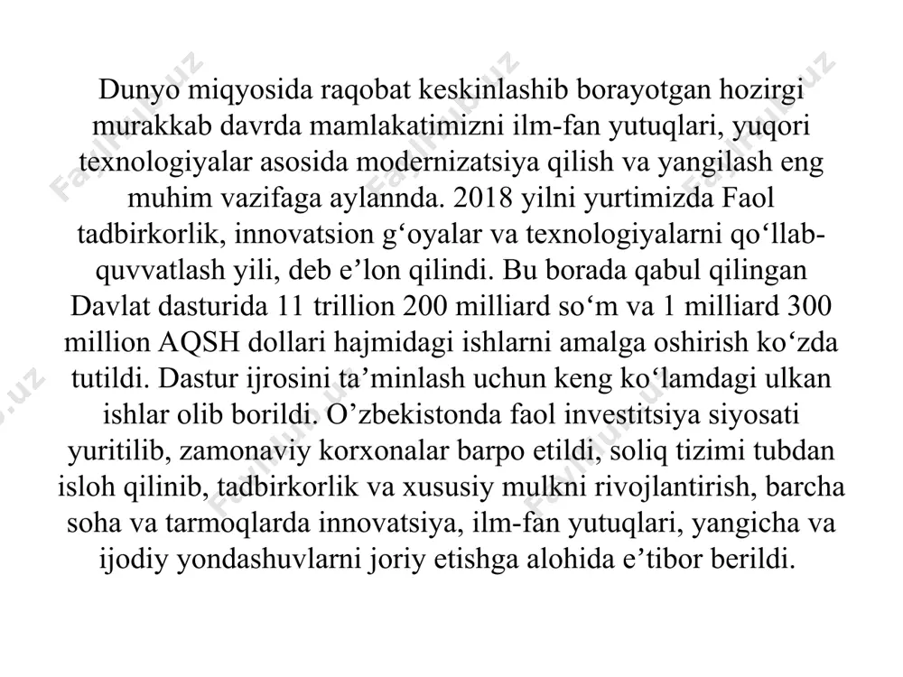 йтириш бўйича институционал ва таркибий ислоҳотларни давом эттириш, хусусий мулк ҳуқуқини ҳимоя қилиш ва унинг устувор мавқеини янада кучайтириш, кичик бизнес ва хусусий тадбиркорлик ривожини рағбатлантириш, ҳудудлар, туман ва шаҳарларни комплекс ва мутаносиб ҳолда ижтимоий-иқтисодий тараққий эттириш, инвестициявий муҳитни яхшилаш орқали мамлакатимиз иқтисодиёти тармоқлари ва ҳудудларига хорижий сармояларни фаол жалб этиш; ижтимоий соҳани ривожлантиришга йўналтирилган аҳоли бандлиги ва реал даромадларини изчил ошириб бориш, ижтимоий ҳимояси ва соғлиғини сақлаш тизимини такомиллаштириш, хотин-қизларнинг ижтимоий-сиёсий фаоллигини ошириш, арзон уй-жойлар барпо этиш, йўл-транспорт, муҳандислик-коммуникация ва ижтимоий инфратузилмаларни ривожлантириш ҳамда модернизация қилиш бўйича мақсадли дастурларни амалга ошириш, таълим, маданият, илм-фан, адабиёт, санъат ва спорт соҳаларини ривожлантириш, ёшларга оид давлат сиёсатини такомиллаштириш; хавфсизлик, миллатлараро тотувлик ва диний бағрикенгликни таъминлаш, чуқур ўйланган, ўзаро манфаатли ва амалий руҳдаги ташқи сиёсат юритишга йўналтирилган давлатимиз мустақиллиги ва суверенитетини мустаҳкамлаш, ўзбекистоннинг ён-атрофида хавфсизлик, барқарорлик ва аҳил қўшничилик муҳитини шакллантириш, мамлакатимизнинг халқаро нуфузини мустаҳкамлаш. ўйланган, ўзаро манфаатли ва амалий ташқи сиёсат соҳасидаги …