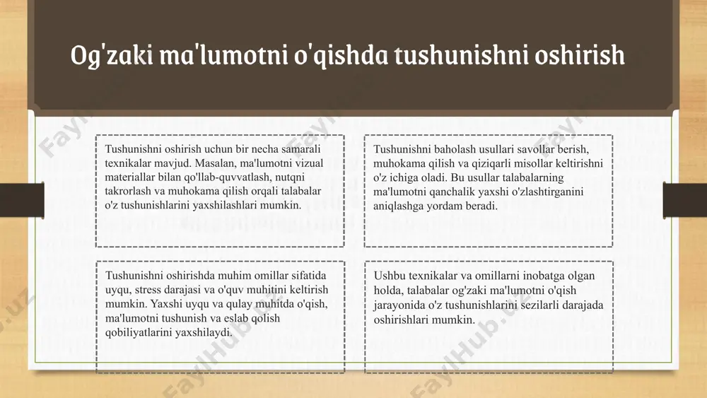 rni qo'shing. - auditoriya bilan to'g'ridan-to'g'ri muloqot qilish uchun kichik guruhlarda muhokamalar tashkil eting. - o'yinlar yoki interaktiv vositalar yordamida ishtirokni oshiring. muloqotda ishtirokchilarni jalb qilishning ahamiyati: - ularning diqqatini saqlash va taqdimot samaradorligini oshirish. - auditoriya bilan bog'lanish orqali ularni motivatsiya qilish. - taqdimot davomida izchil fikr almashish va fikrlarni yanada rivojlantirish. - ishtirokchilarni faollashtirish orqali ko'proq ma'lumot olish imkoniyatini yaratish. tinglovchilarni jalb qilish texnikalari tinglovchilarni taqdimot davomida jalb qilish, taqdimotning muvaffaqiyatli o'tishini ta'minlaydi. tinglovchilarni jalb qilish texnikalari yordamida auditoriya bilan mustahkam aloqalar o'rnatish mumkin. bu usullar taqdimot jarayonida diqqatni oshirib, ishtirokchilarni faol jalb qilishga yordam beradi. - savol-javob sessiyalari tashkil etish: taqdimot davomida savol-javob sessiyalarini o'tkazish, tinglovchilarning fikrlarini va savollarini eshitishga imkon beradi. bu jarayon auditoriyaning qiziqishini kuchaytiradi. - auditoriya bilan bevosita muloqot: auditoriya bilan to'g'ridan-to'g'ri muloqot qilish, masalan, savol berish yoki fikr so'rash orqali, ishtirokchilarni faol qatnashishga undaydi. - tinglovchilarni jalb qilish uchun hikoyalar: hikoyalar orqali ma'lumotlarni …